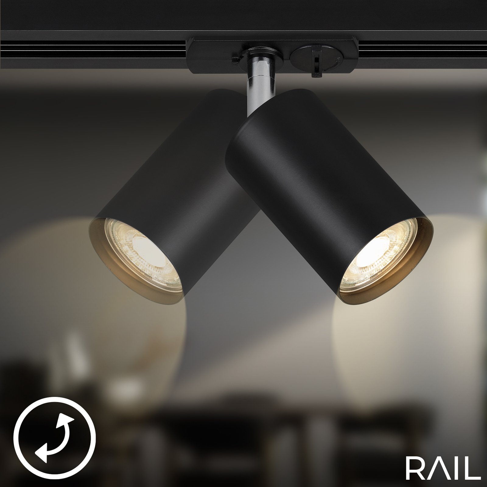 RAIL 230 V rööbastee, must, 4 LED-valgustit, pikkus 1,5 m