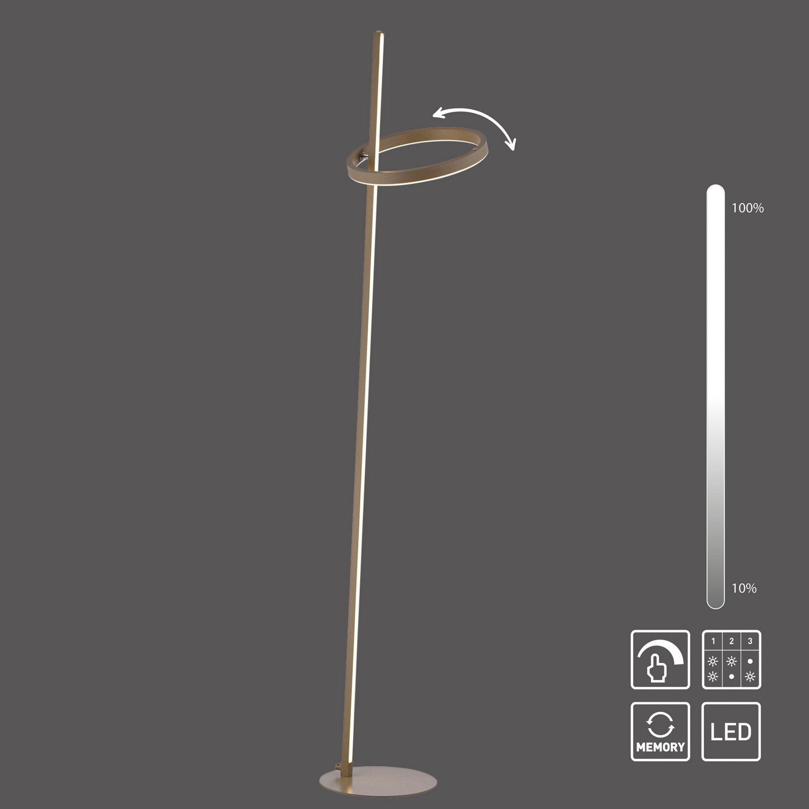 JUST LIGHT. LED vloerlamp Ritus zand, ijzer, dimmer, 3.000 K