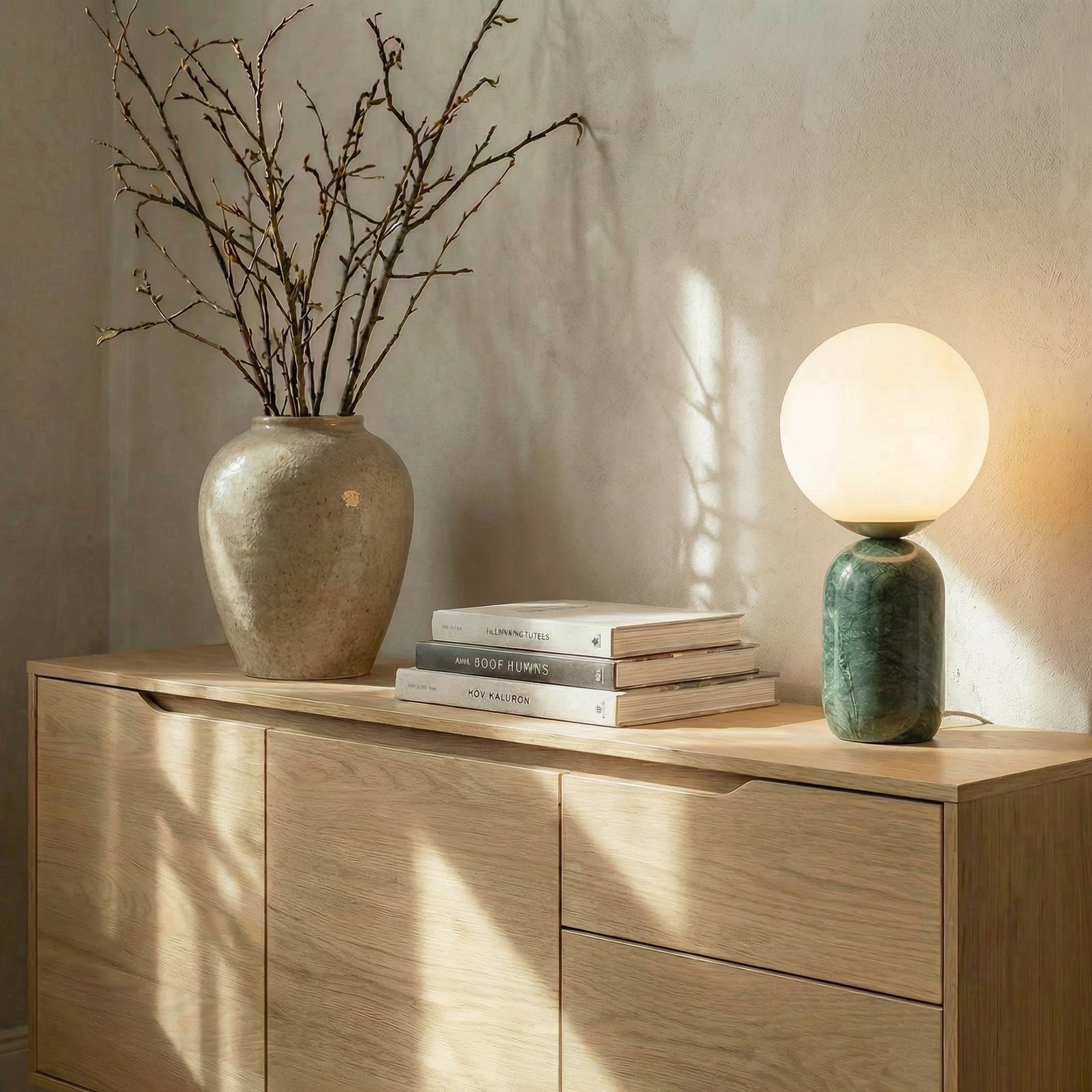 Lennes bordlampe, Ø 20 cm, glass, grønn, marmor – Lindby