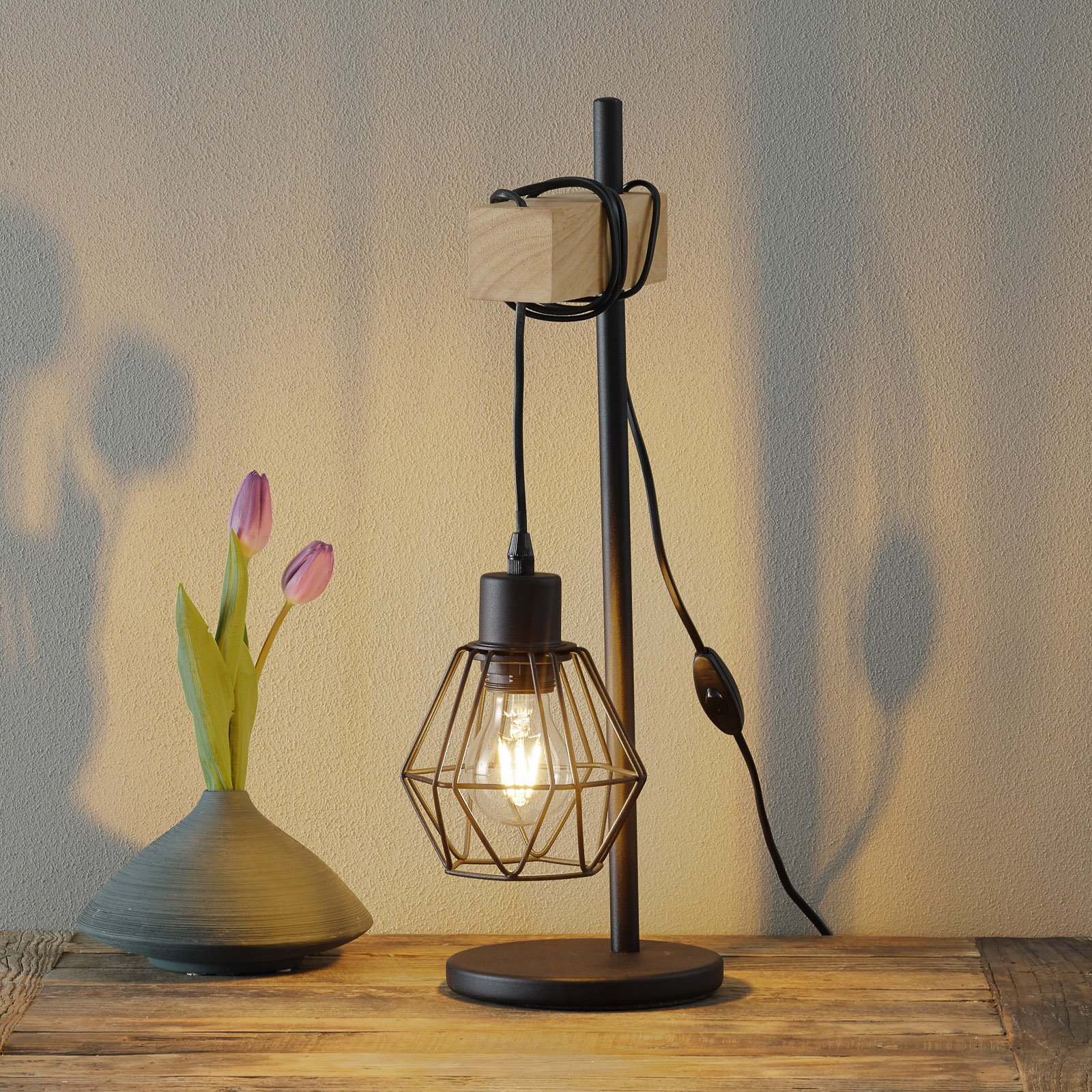 EGLO Townshend 5 table lamp, cage lampshade, for Living / Dining Room, metal, wood, E27, 60 W, energy efficiency: A++, W: 15.5 cm, H: 50 cm