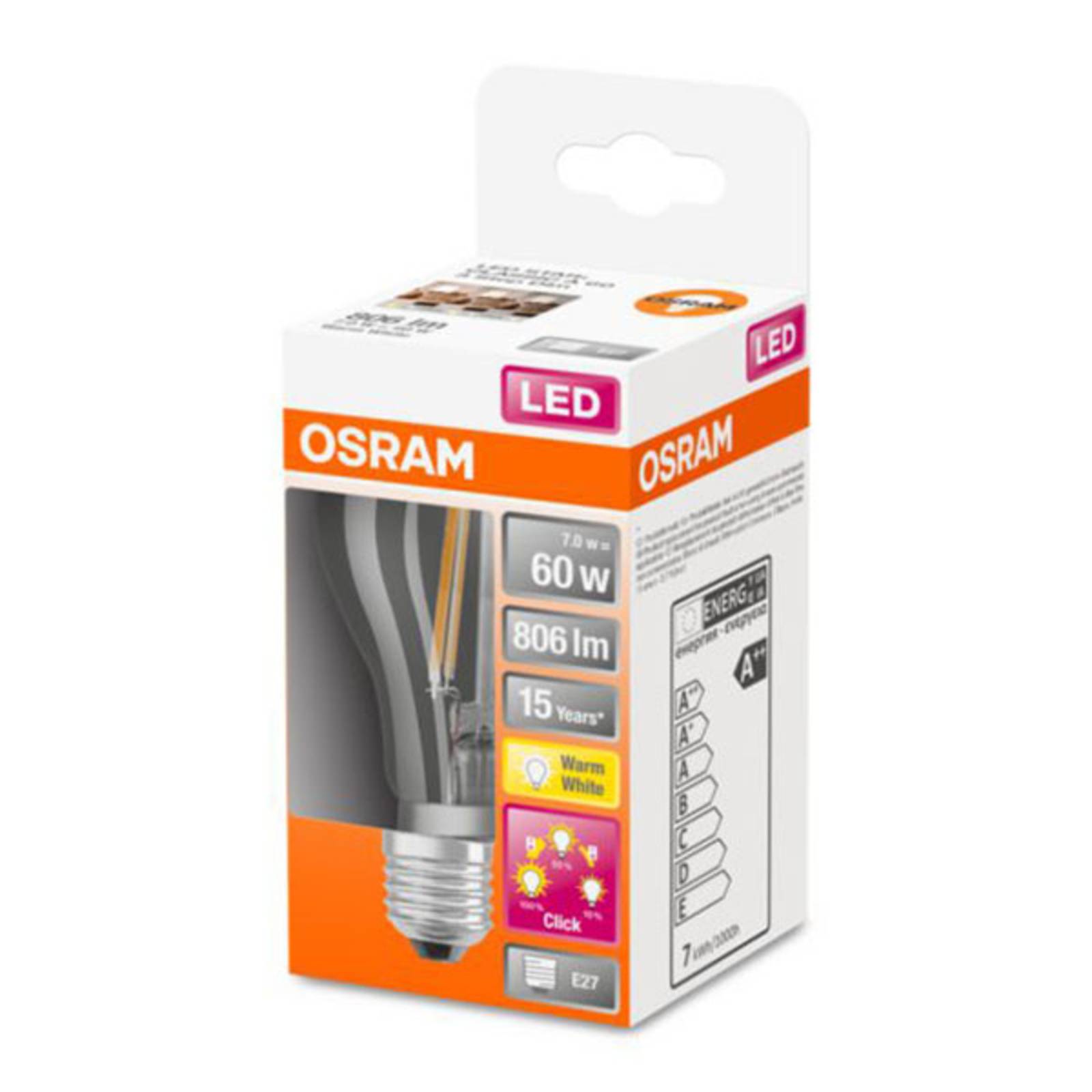 OSRAM Classic A LED lámpa E27 6,5W 827 3fok. dimm