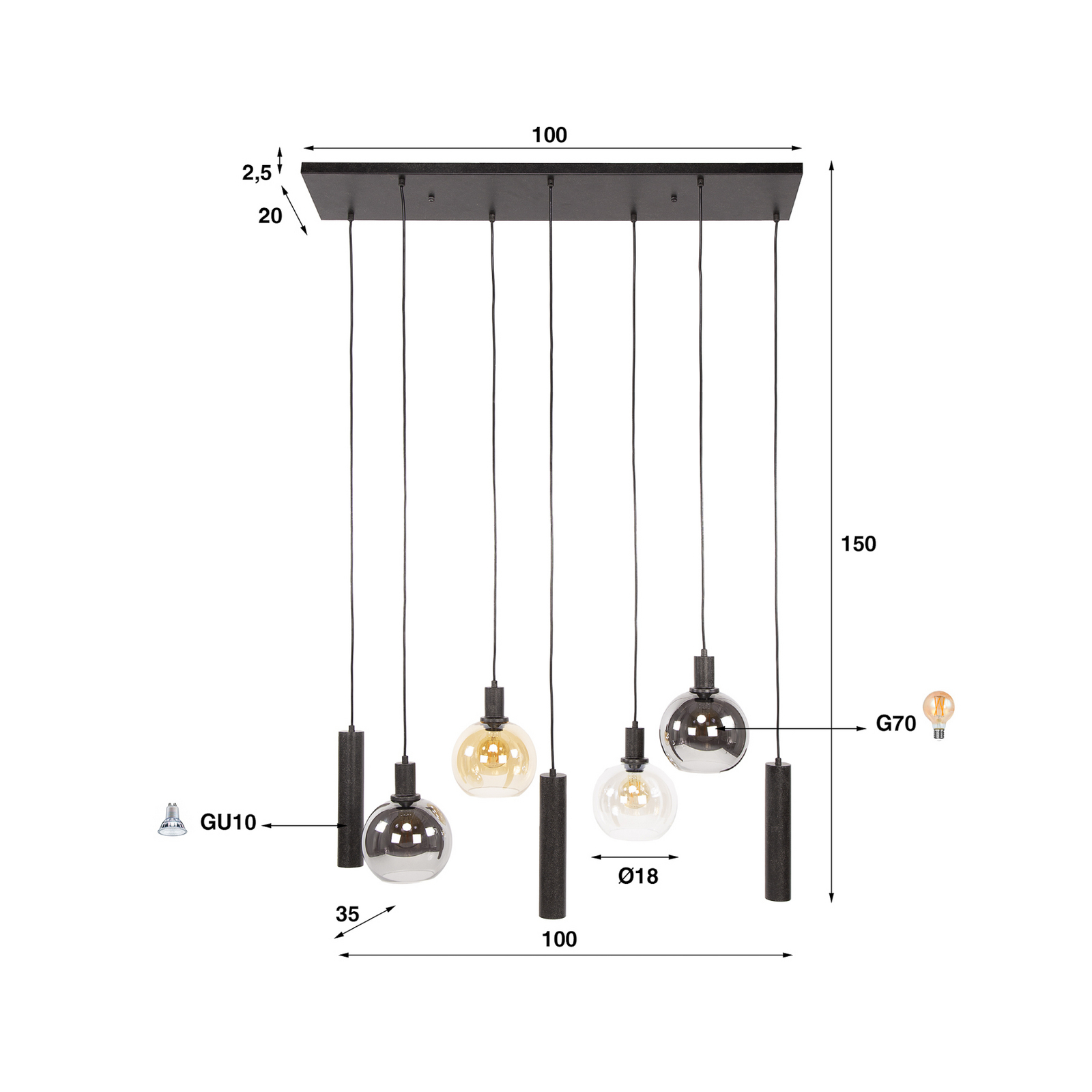 Pendelleuchte Sfera Tricolore, mehrfarbig, 7-flg., E27/GU10