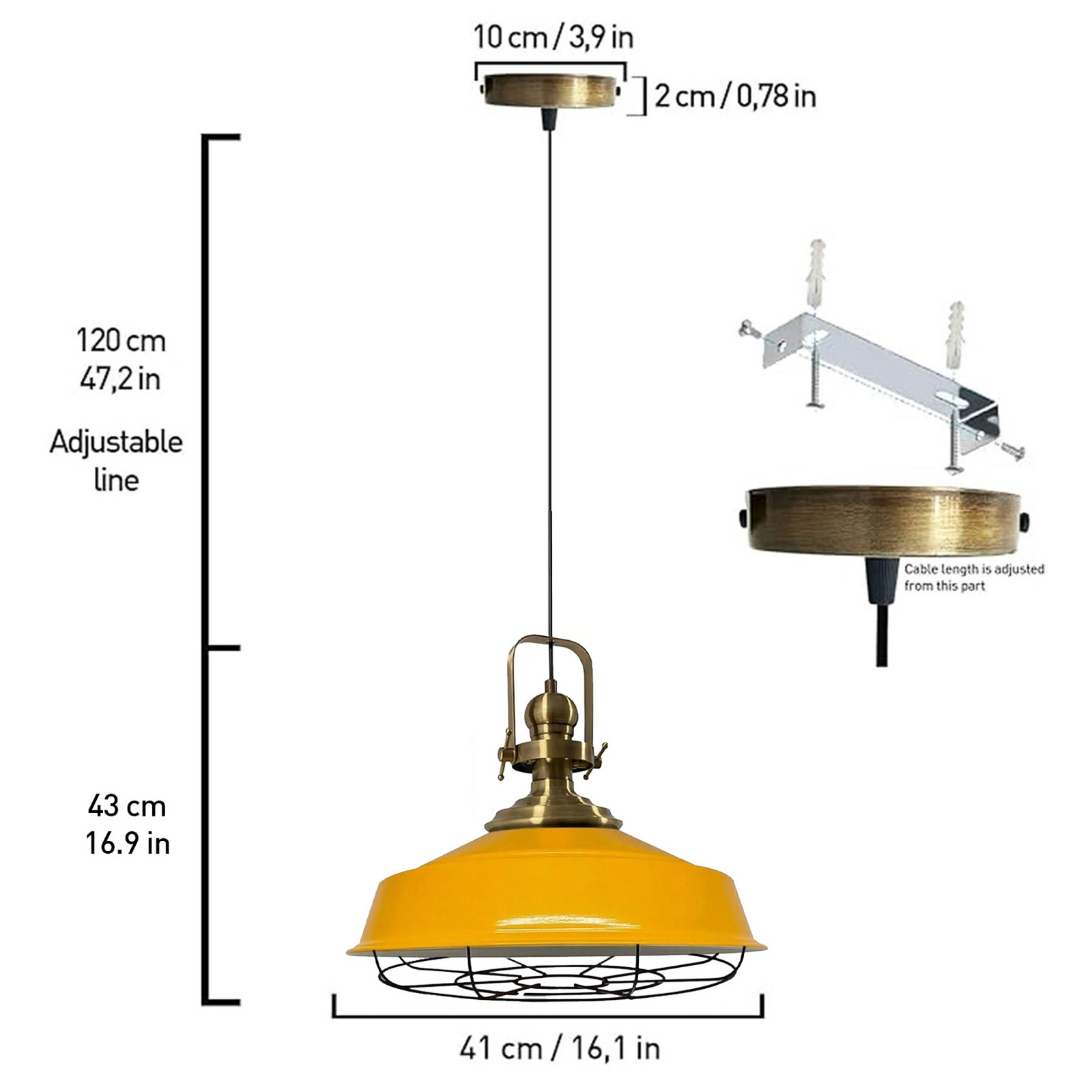 Suspension Astel, jaune, Ø 41 cm, métal, détail laiton vieilli Suspension Astel, jaune, Ø 41 cm, métal, détail laiton vieilli