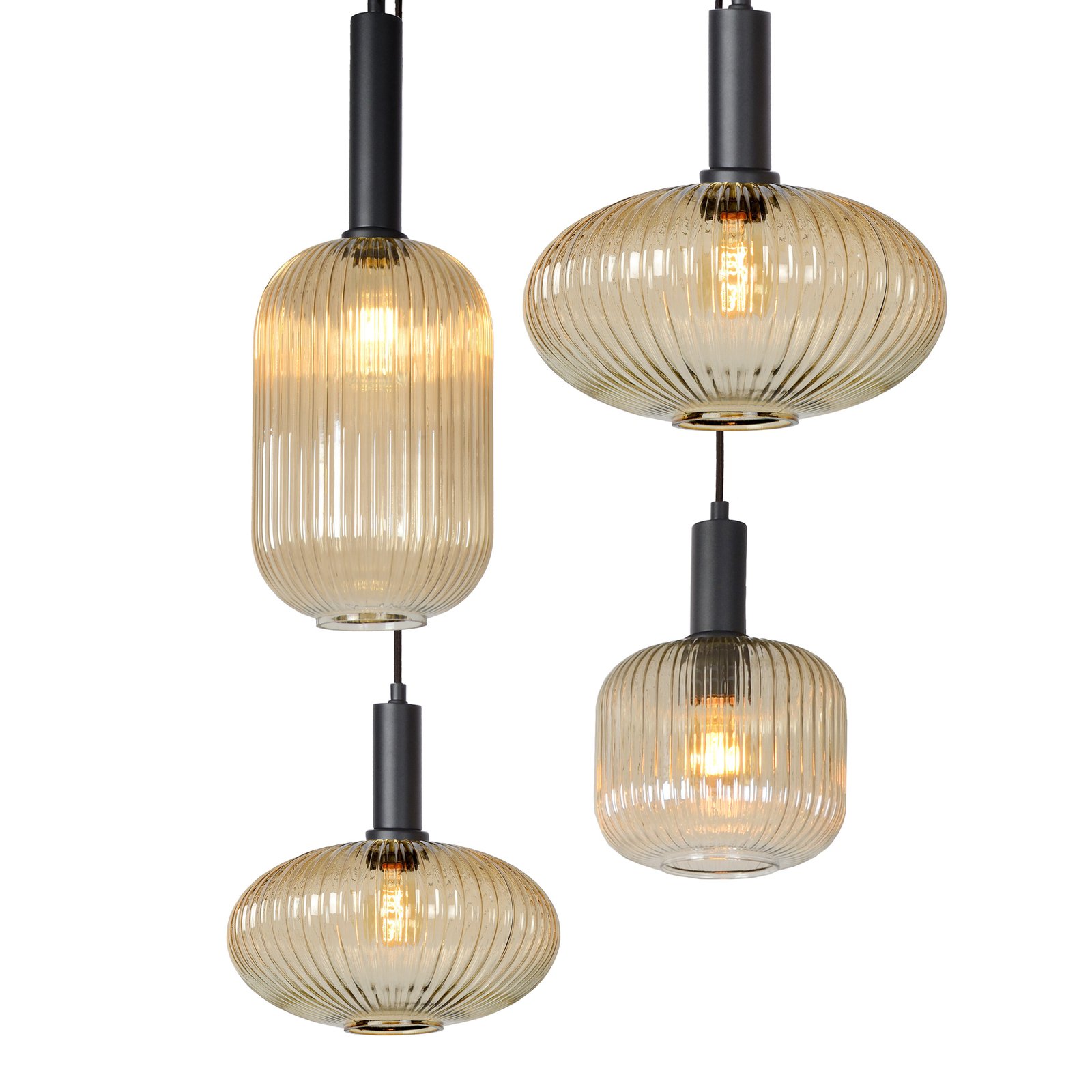 Maloto pendant light, glass, 7-light, amber, 150 cm