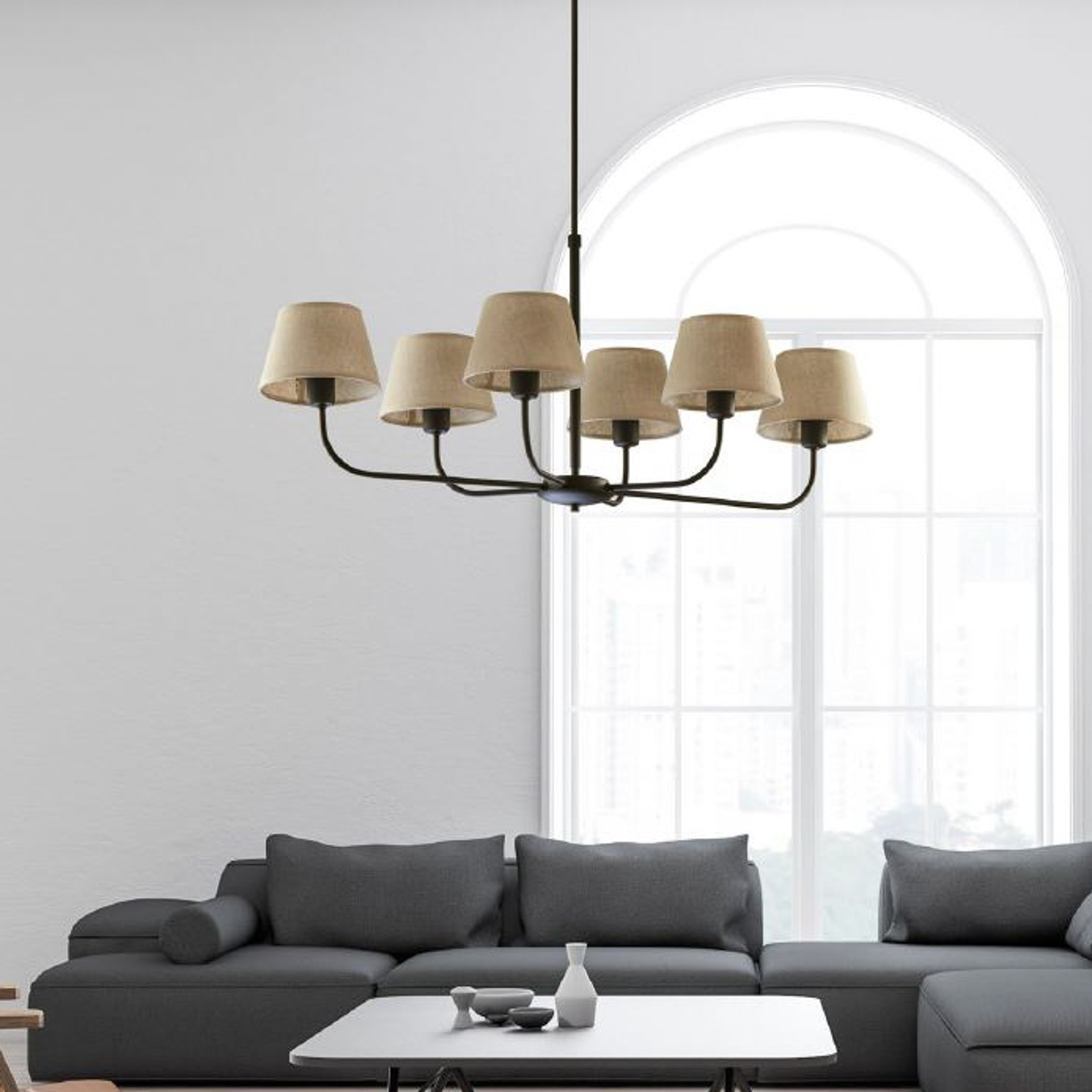 Chicago chandelier, linen lampshades, 6bulb Lights.co.uk