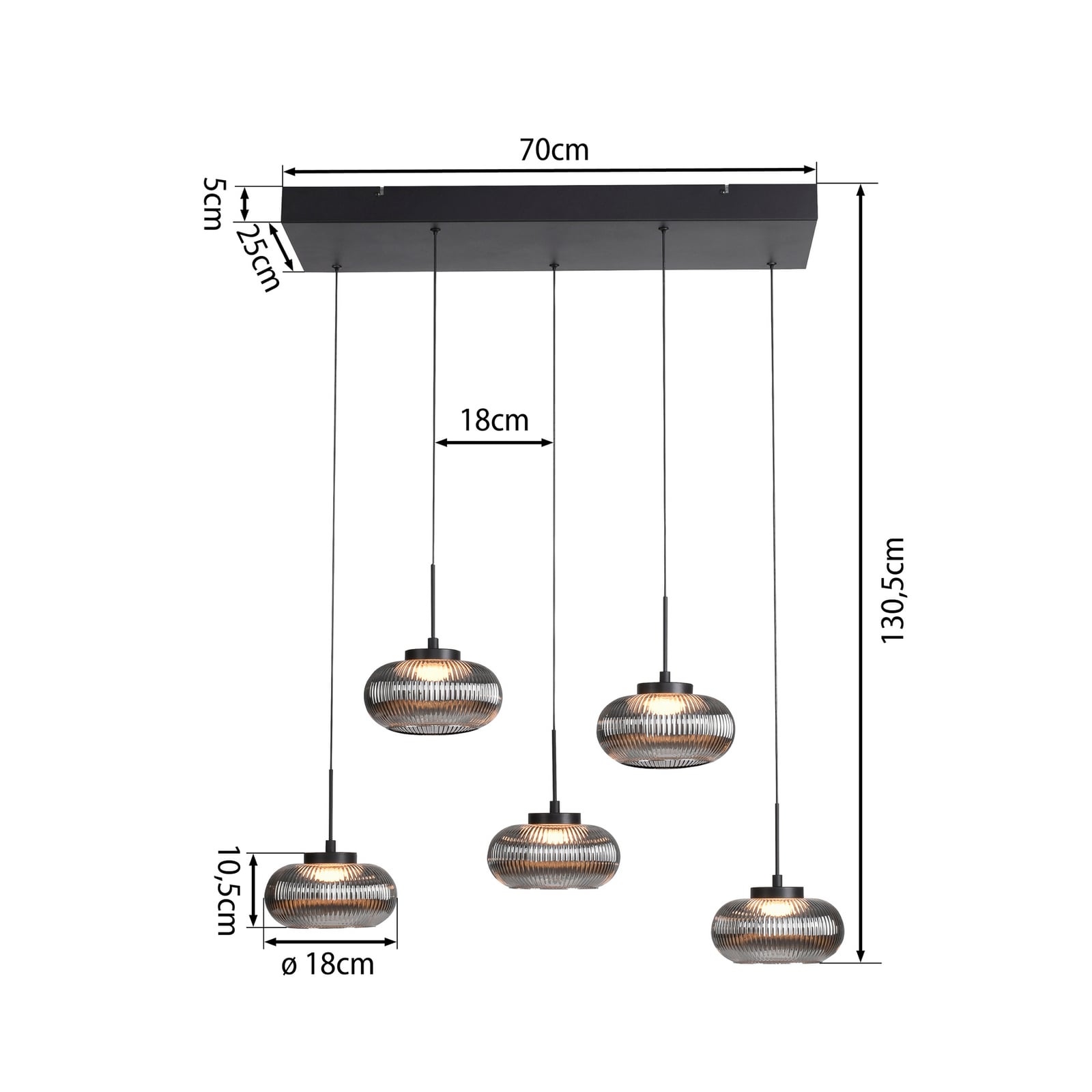 Lámpara colgante LED Noctis, 5 luces, gris ahumado, cristal, atenuable, 3.000 K