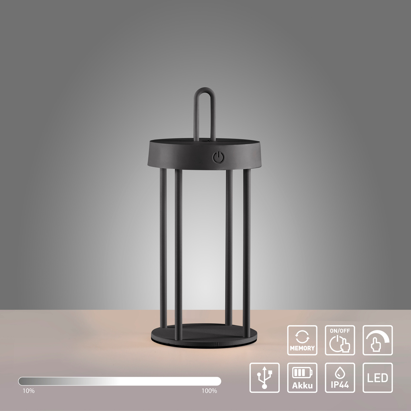 JUST LIGHT. LED įkraunama stalinė lempa Anselm juoda 28 cm geležis