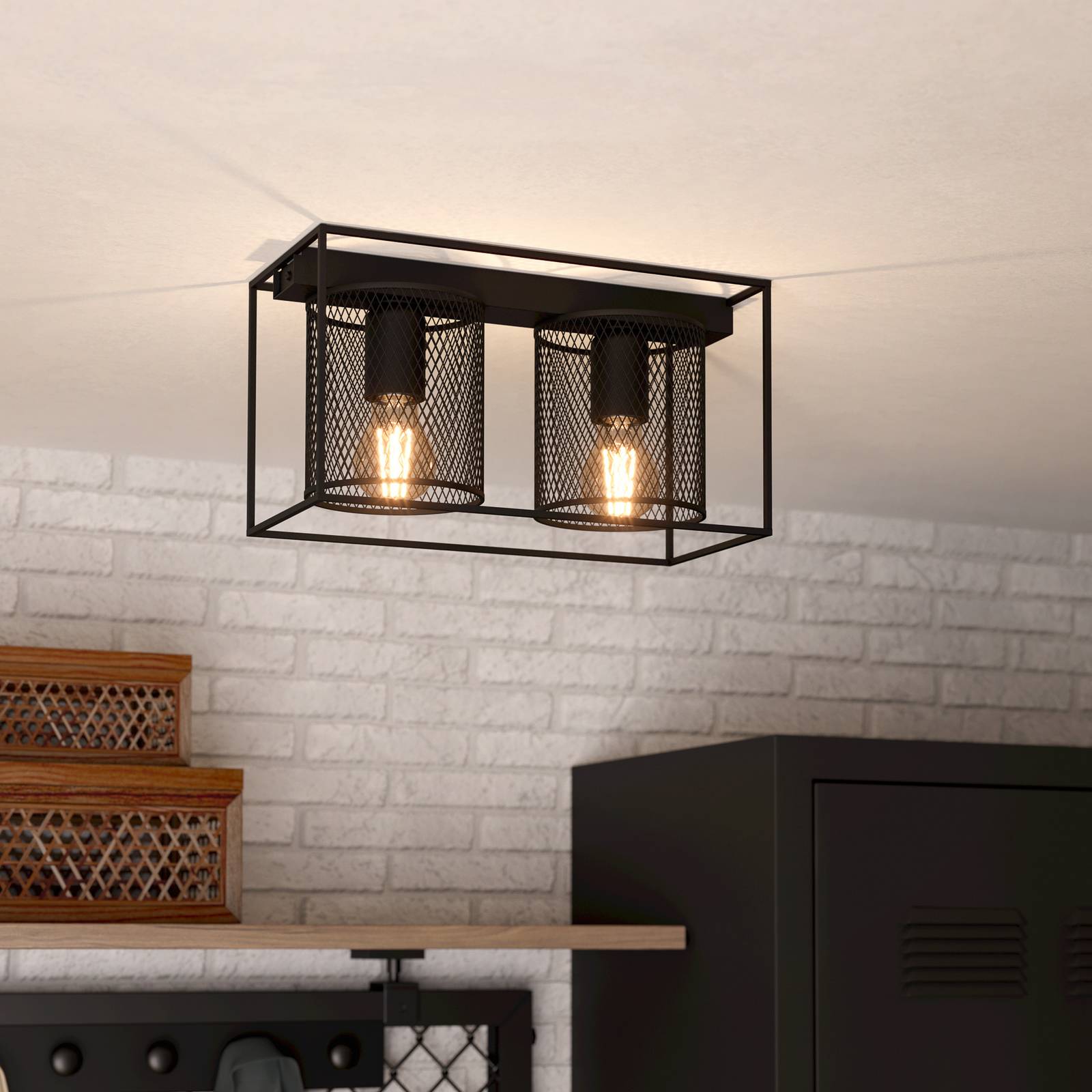 Deckenlampe Catterick, schwarz, zwei Käfigschirme günstig online kaufen