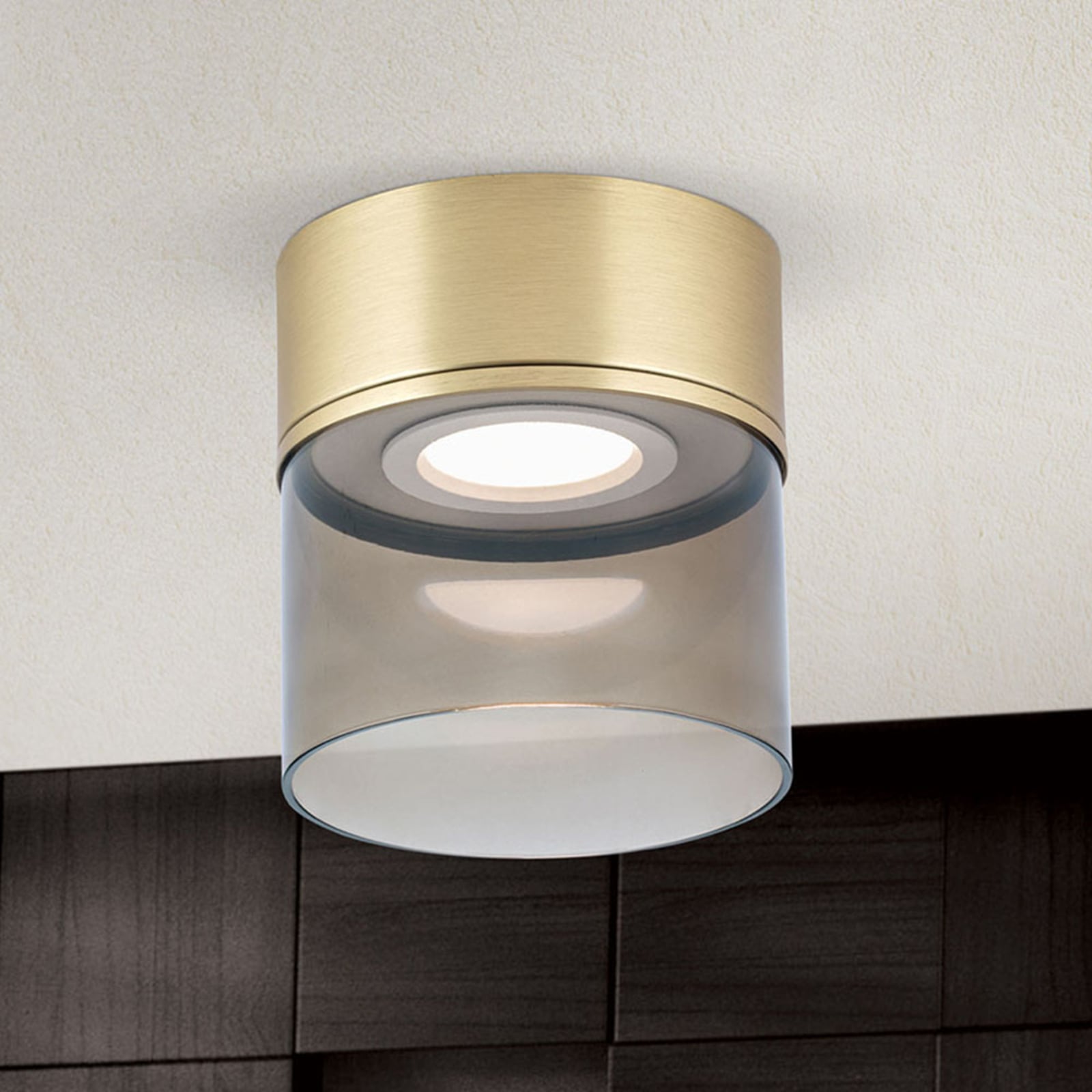 Orion Francis LED ceiling light, matt brass, Ø 15 cm, for Living / Dining Room, iron, smoked glass, 7 W, energy efficiency: A, H: 16.7 cm