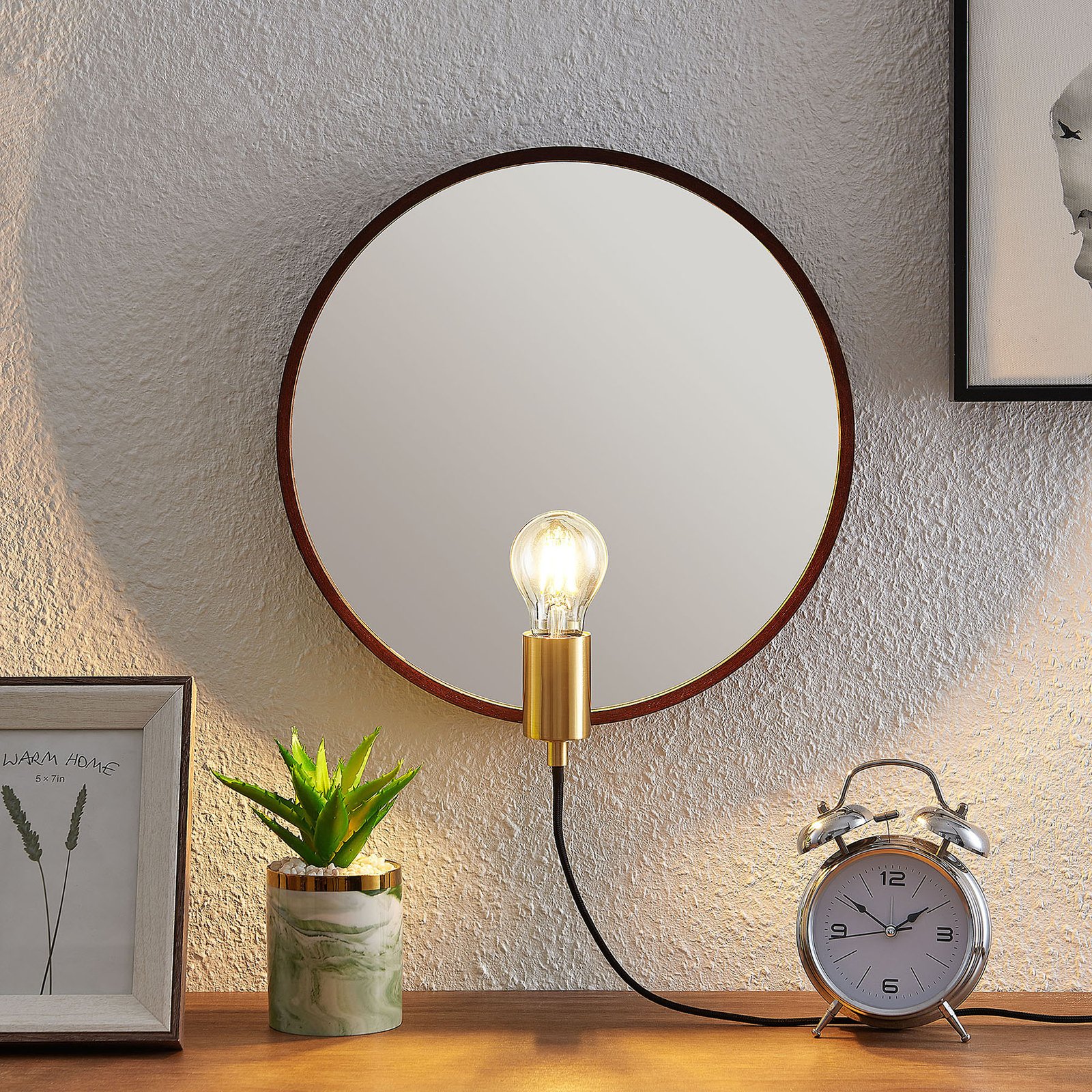 Lucande Lumani wandlamp met spiegel, bruin
