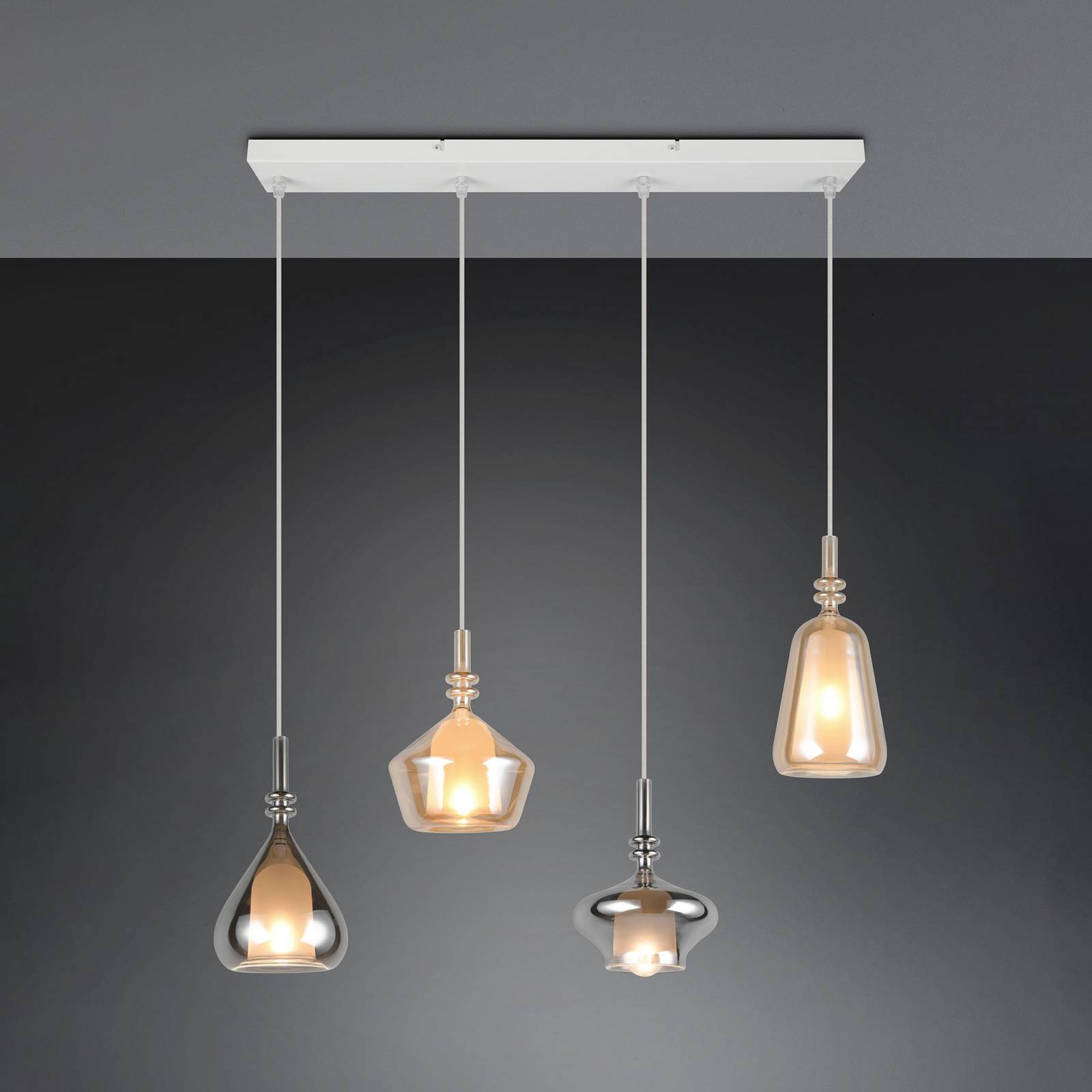 Hängelampe Aldea, Länge 65 cm, weiß/amber/chrom Glas, 4-flg. günstig online kaufen