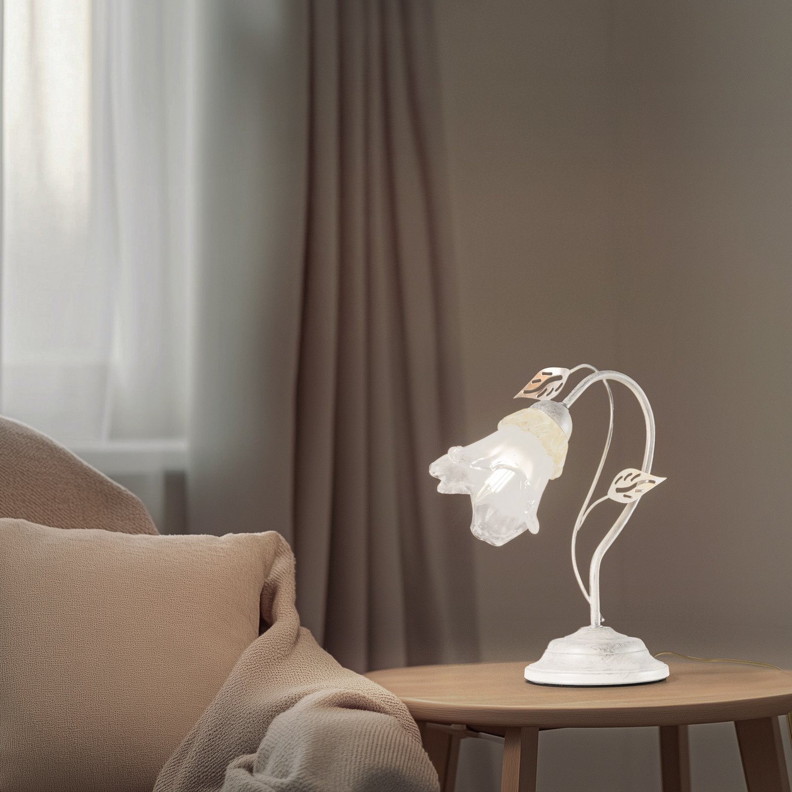 Namizna svetilka Lancia, slonokoščene barve, 1-svetlobna, železo, steklo