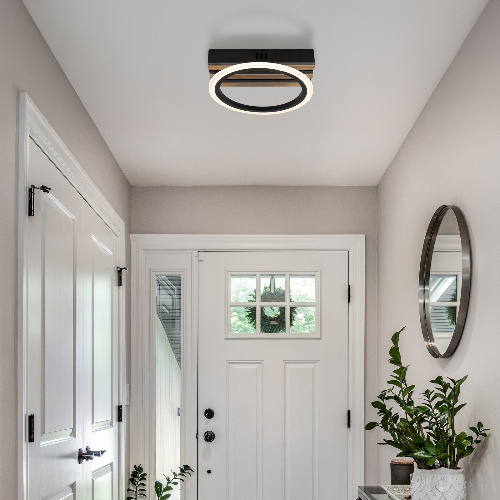 LED lubų šviestuvas „Blevins“, juodas matinis/medžio imitacija, Ø 25 cm