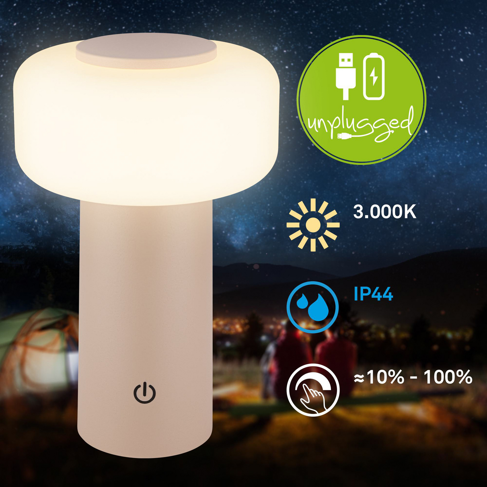 Juna LED rechargeable table lamp, beige, IP44, dimmable, 20 cm