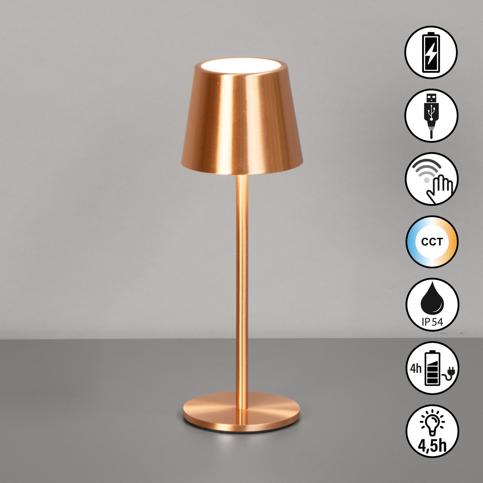 LED-Akku-Tischlampe Roxi, kupferfarben, Metall, IP54, Dimmer