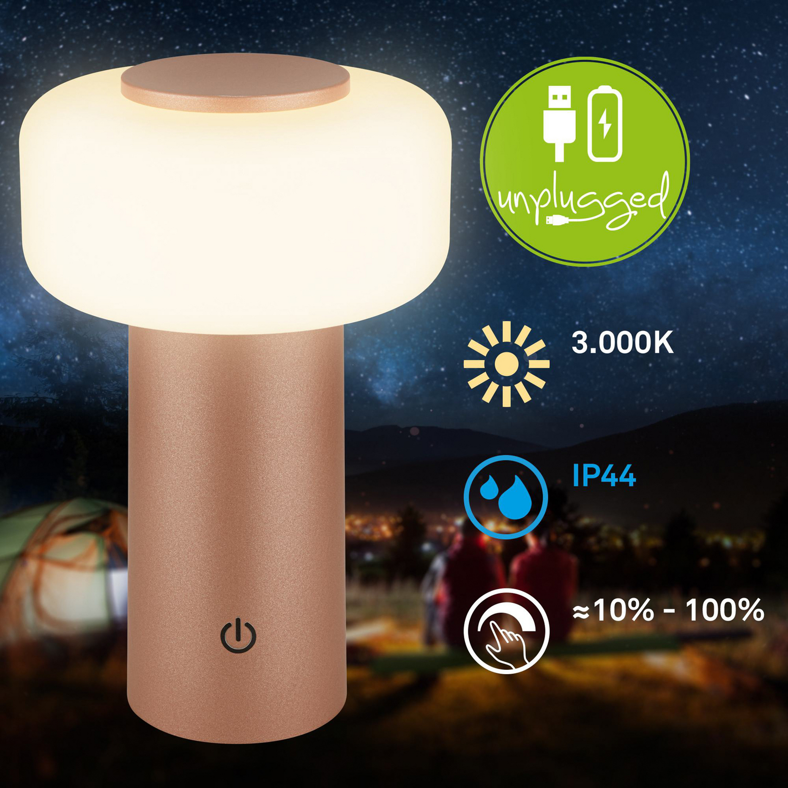 Juna LED rechargeable table lamp, brown, IP44, dimmable, 20 cm