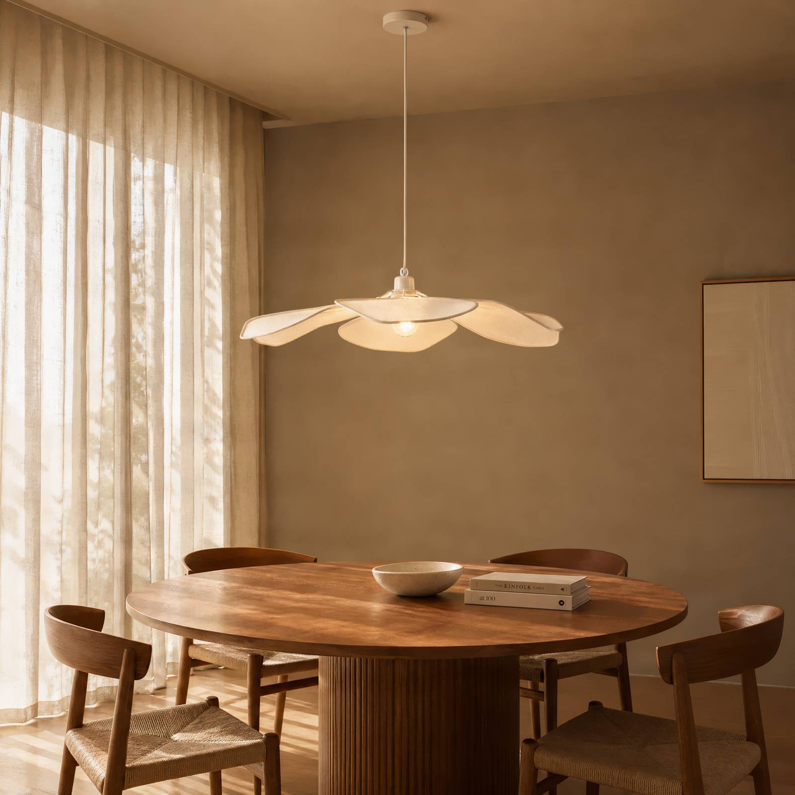 Lindby hanglamp Marjorie, wit, bloem, linnen, Ø 78 cm