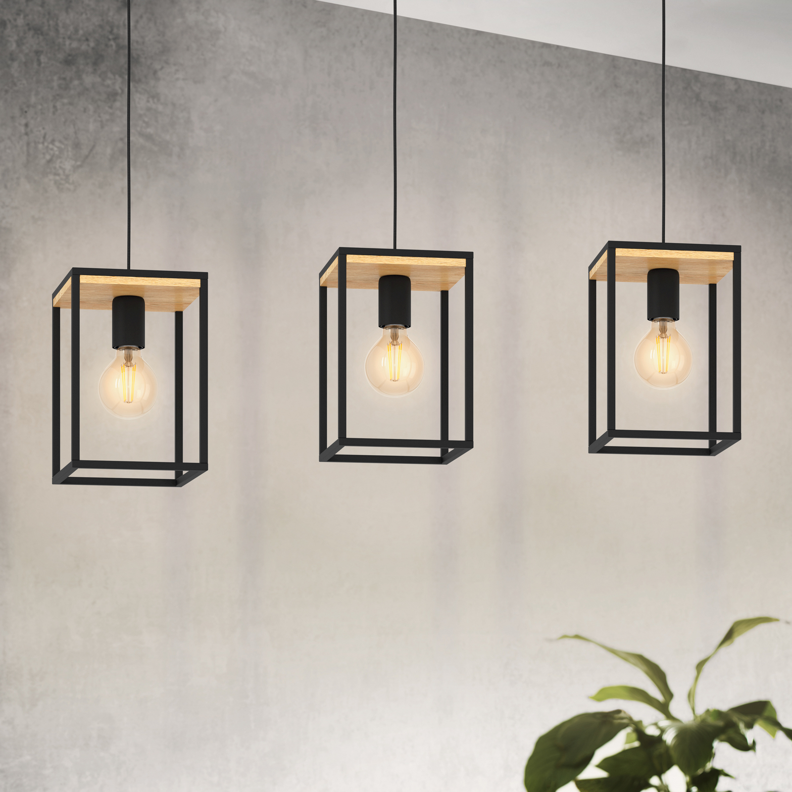 Suspension Libertad, longueur 88 cm, noir/bois, 3 lampes