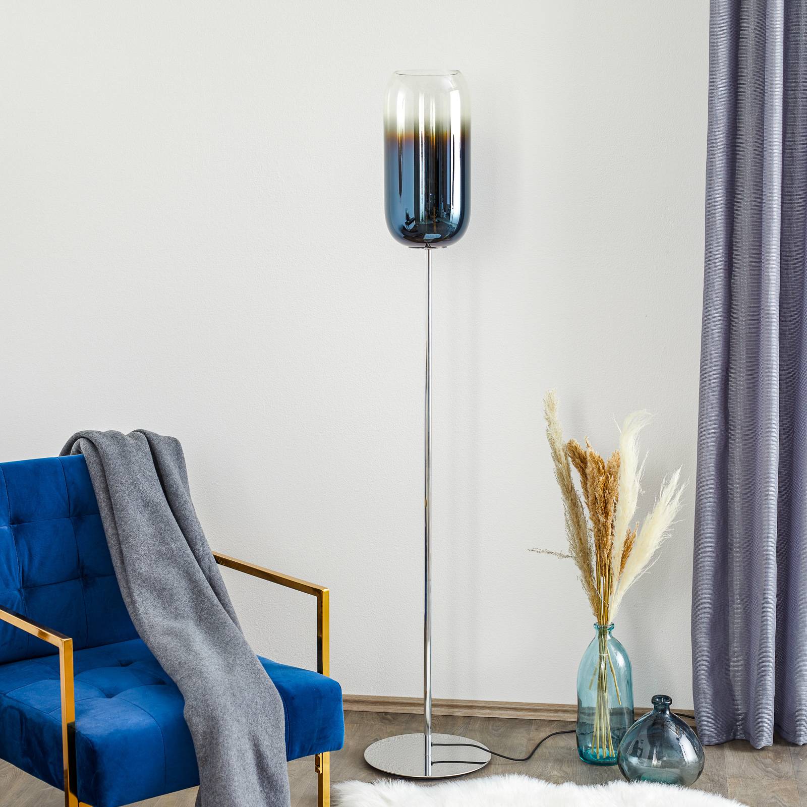 Artemide Gople floor lamp, blue, for Living / Dining Room, aluminium, glass, E27, 20 W, energy efficiency: A++, H: 170 cm