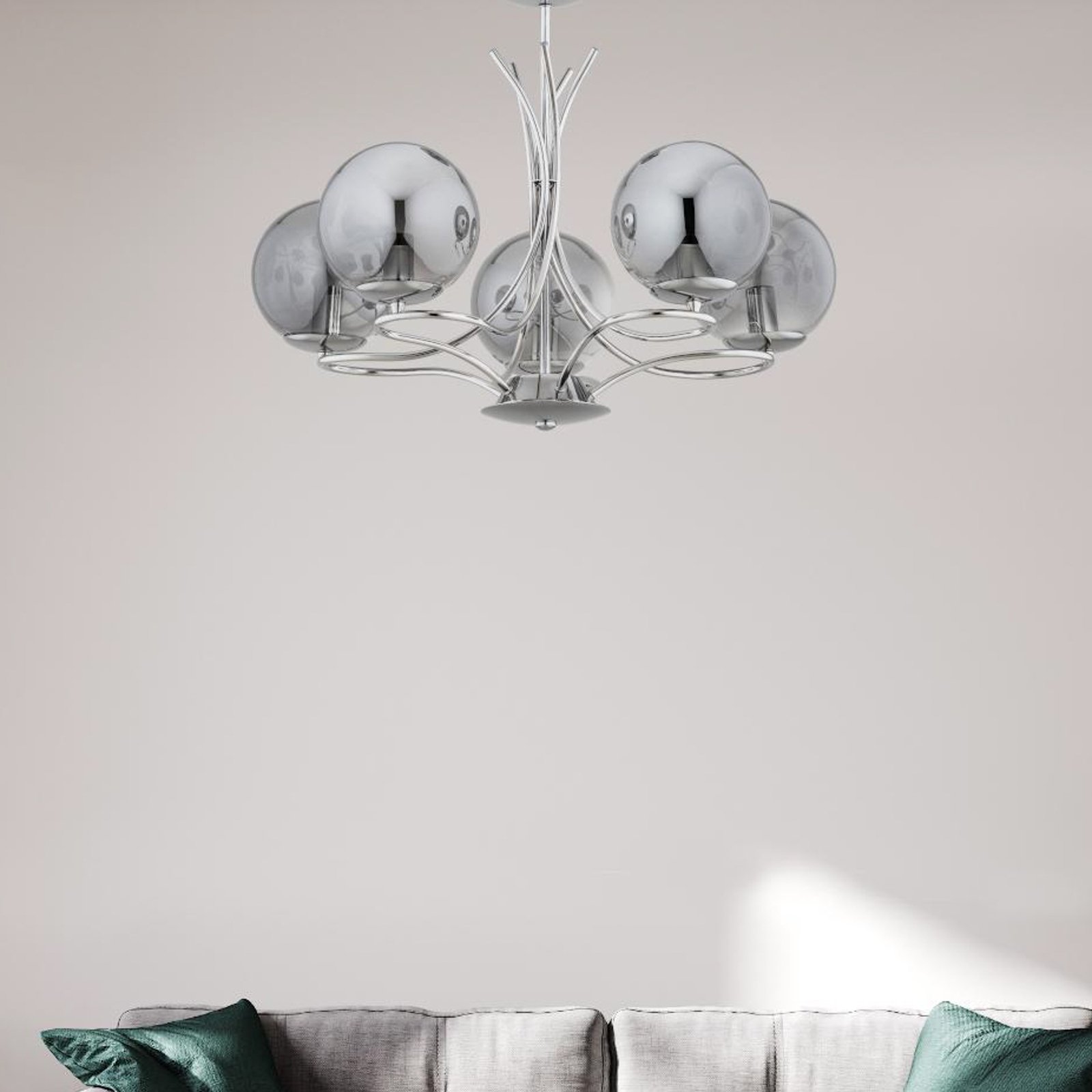 Sentia kroonluchter, chroom / rookgrijs, 5-lamps, glas