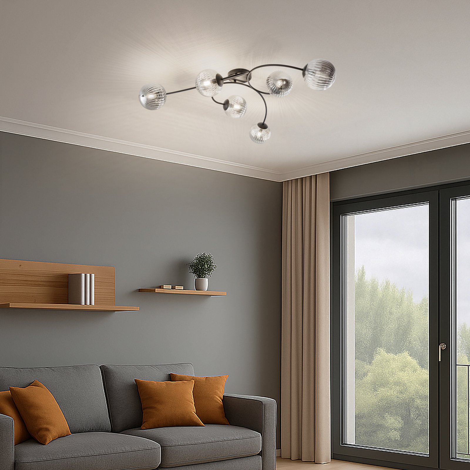 Vibra ceiling lamp, smoke grey/black, length 97 cm, 6-bulb.