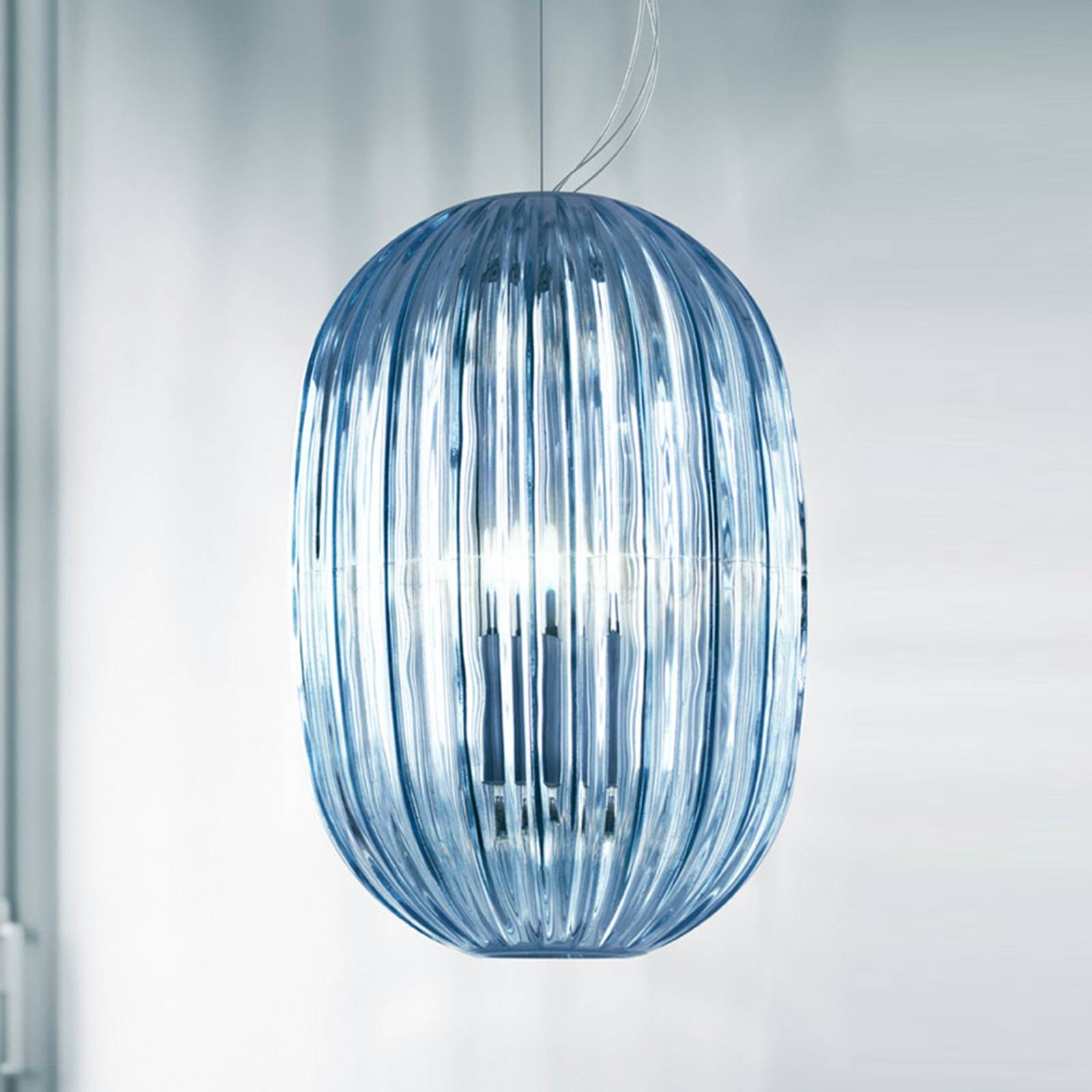 FOSCARINI Foscarini Plass media hanging light E27, blue, for Living / Dining Room, polycarbonate, steel, E27, 116 W, energy efficiency: A++, H: 50 cm