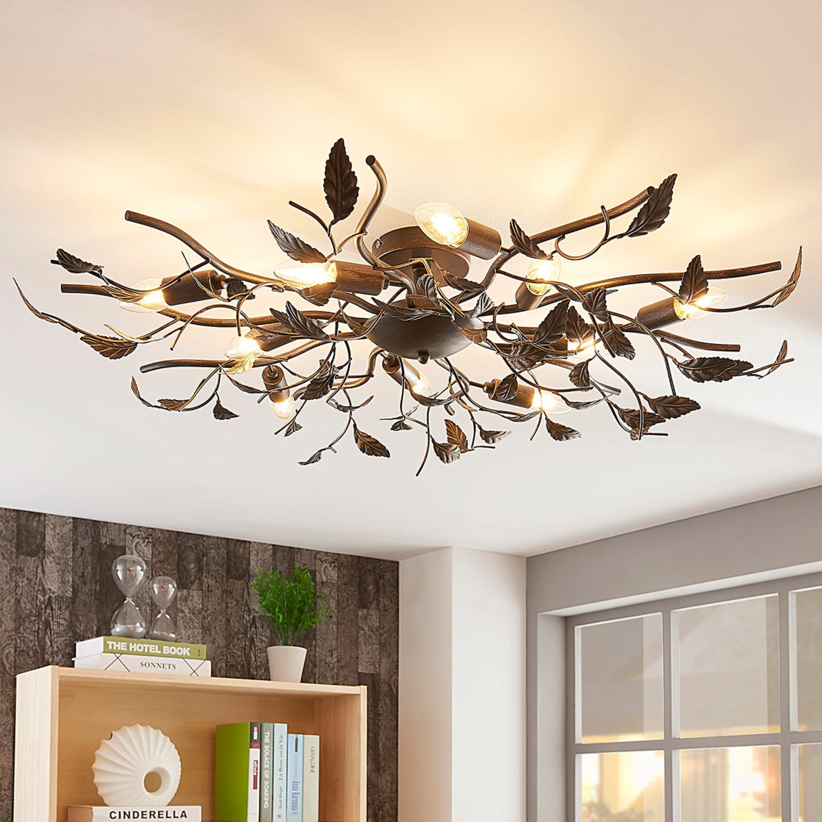 Lindby ceiling lamp Yos, 10-bulb, 95 cm, black-gold, metal