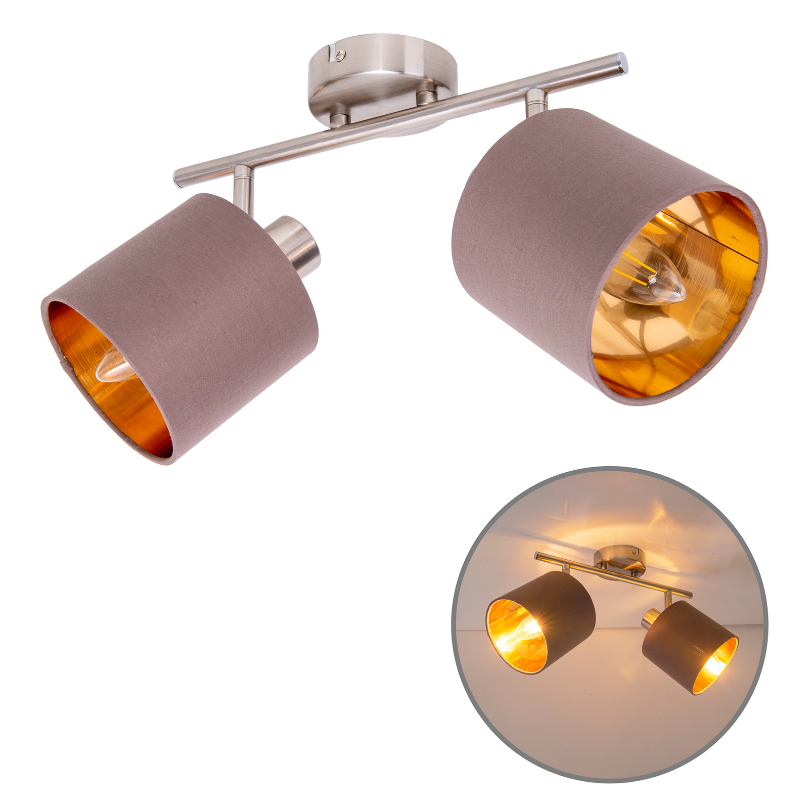 Plafondlamp Maron 2-lamps textiel, bruin/goud