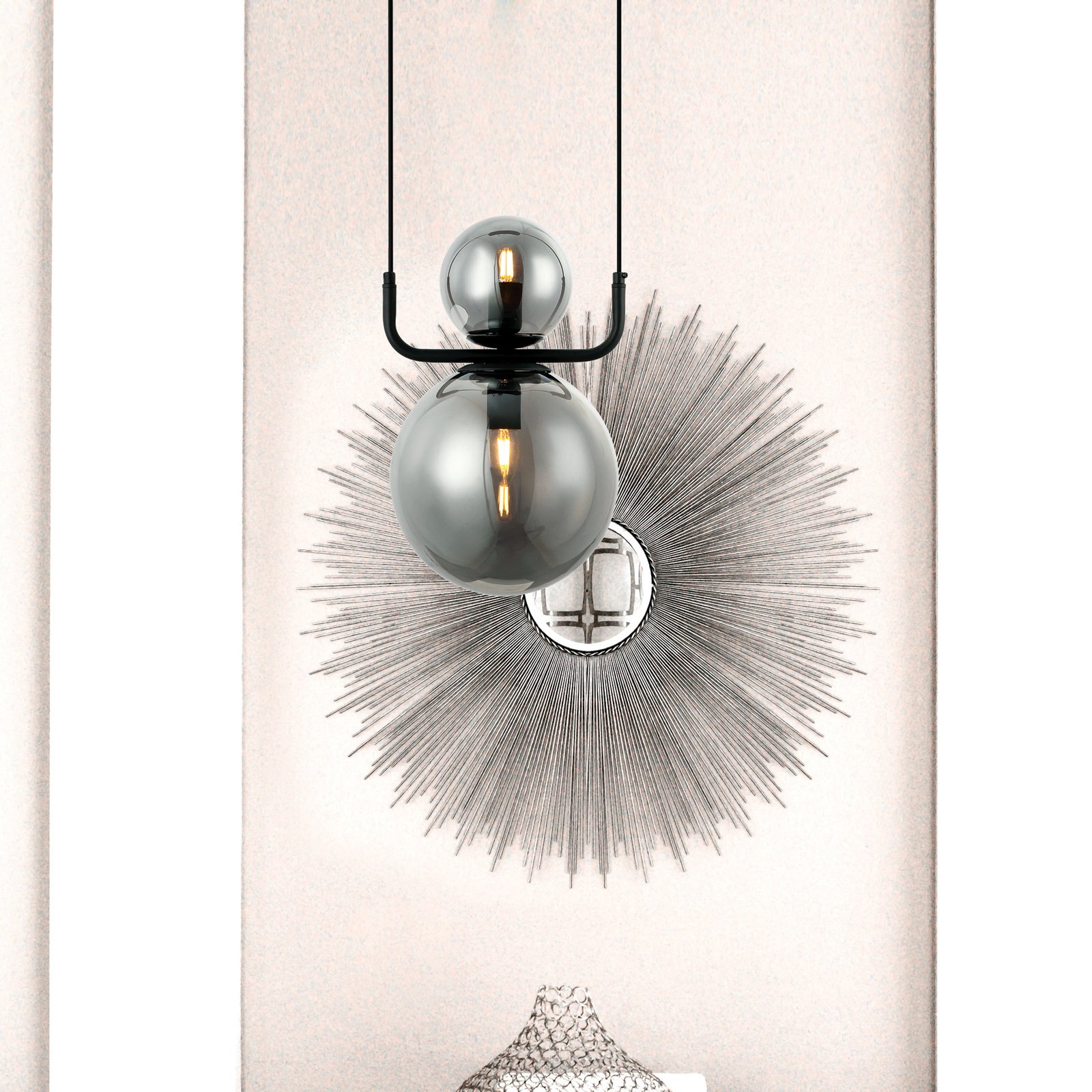 Mira hanging light, vintage, 2-bulb, smoky grey