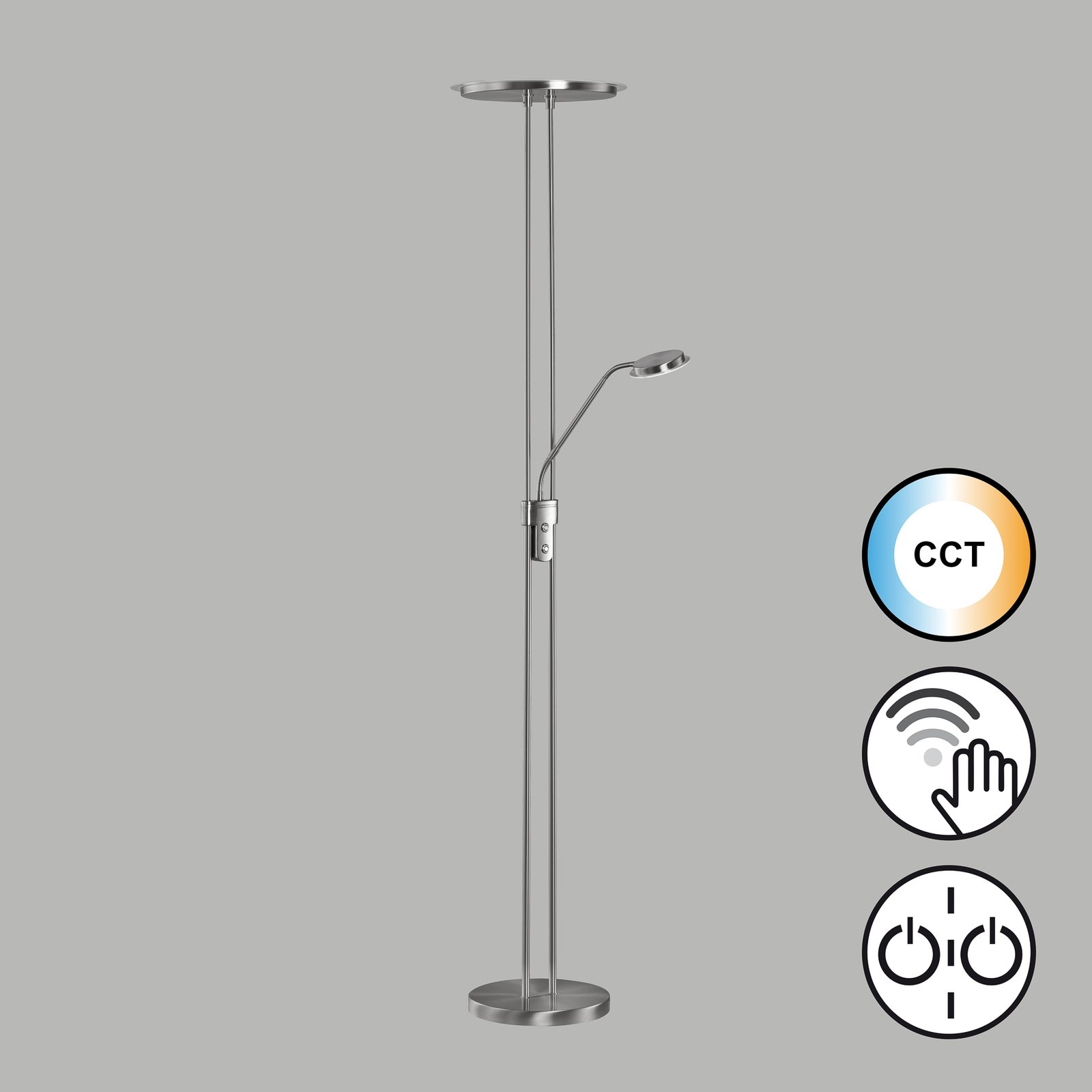 LED stojacia lampa Driva, niklová farba, výška 182, 2 svetlá, CCT