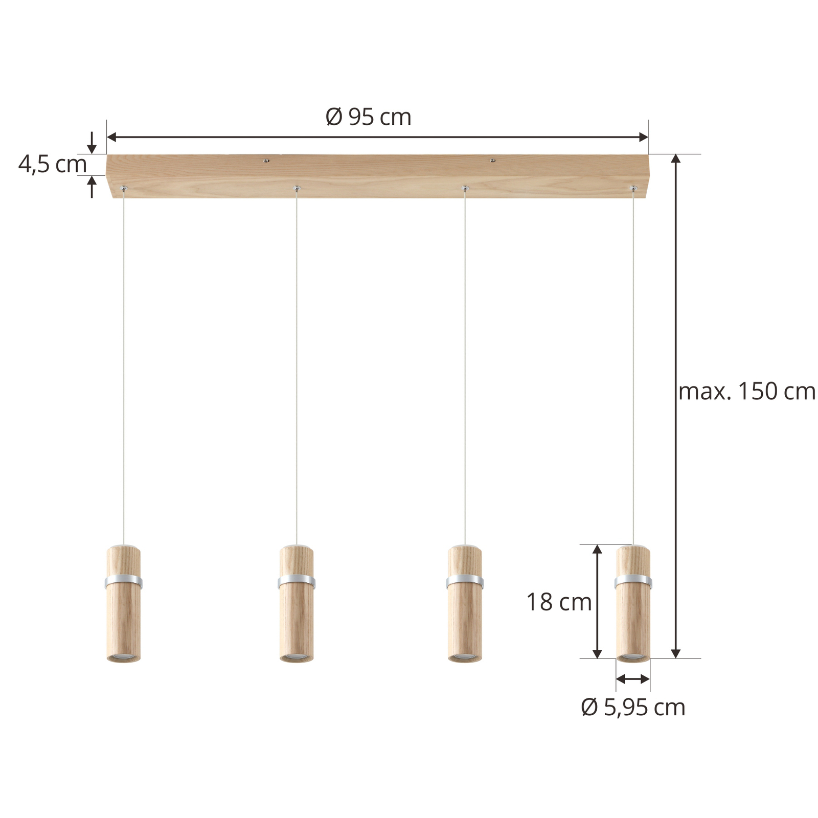 Lucande Suspension LED Nojus, 4 lampes, bois, up/down, 95 cm