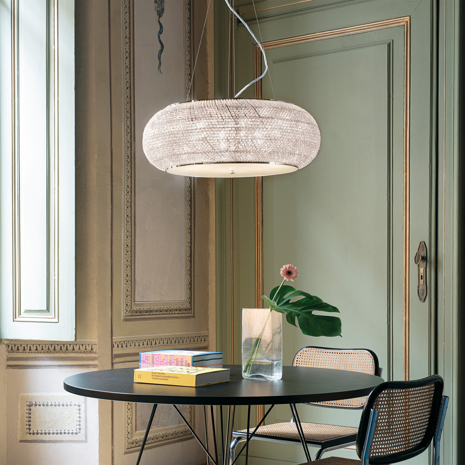 Suspension Pasha d'IDEAL LUX, finition chromée/transparente, Ø 55 cm, verre