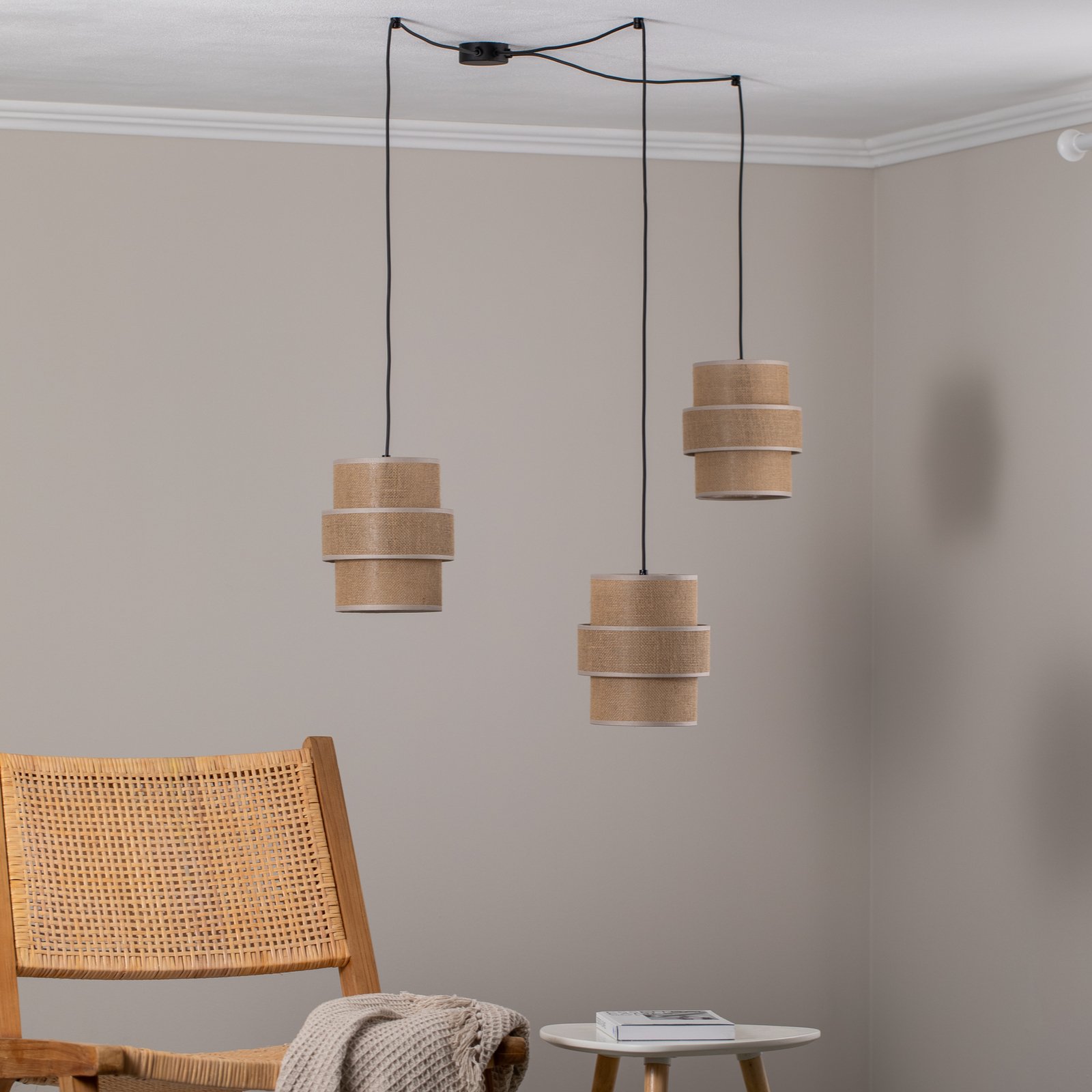 Suspension Calisto, Jute, brun naturel, 3 lampes, décentrée