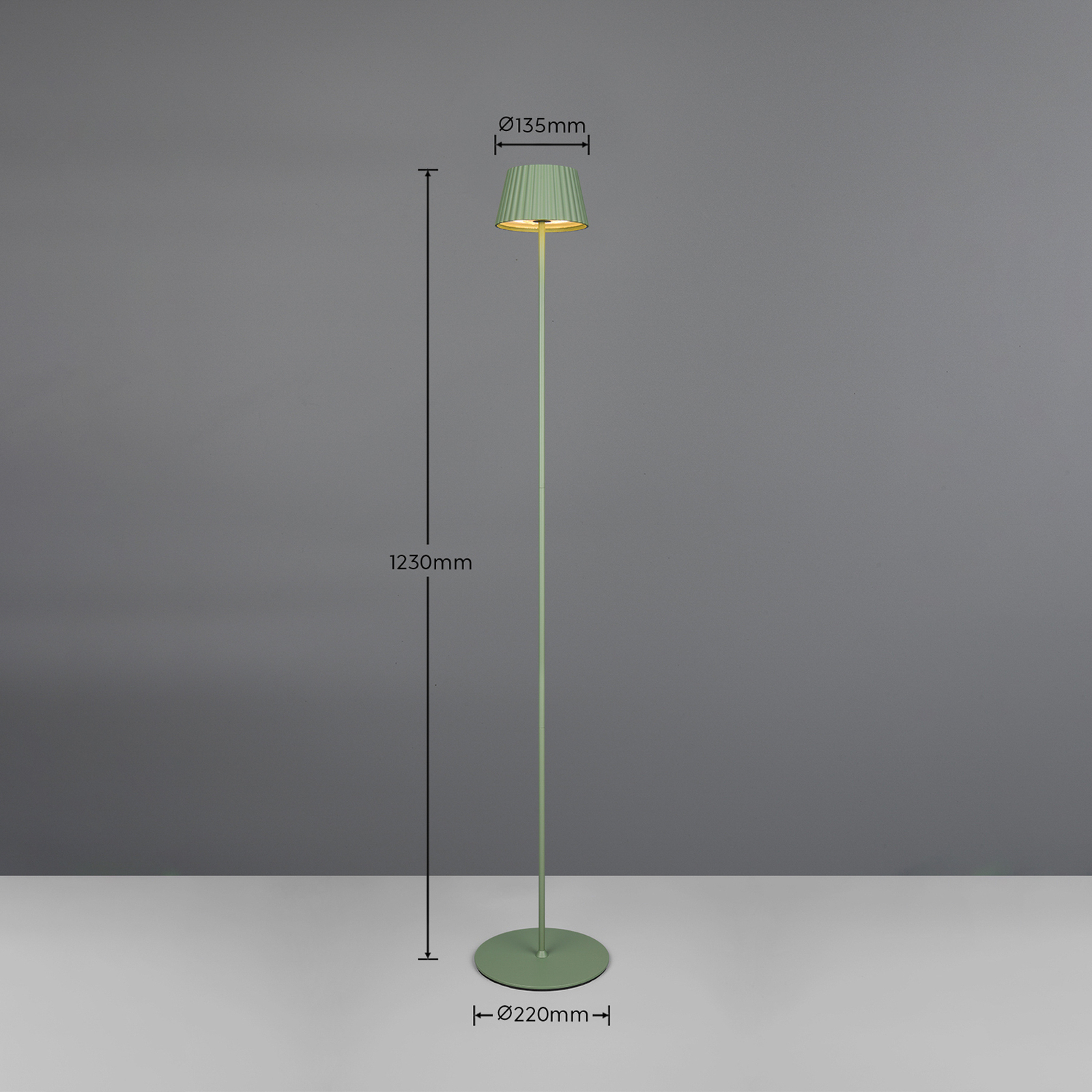Suarez ladattava LED-lattiavalaisin, vihreä, korkeus 123 cm, metallia