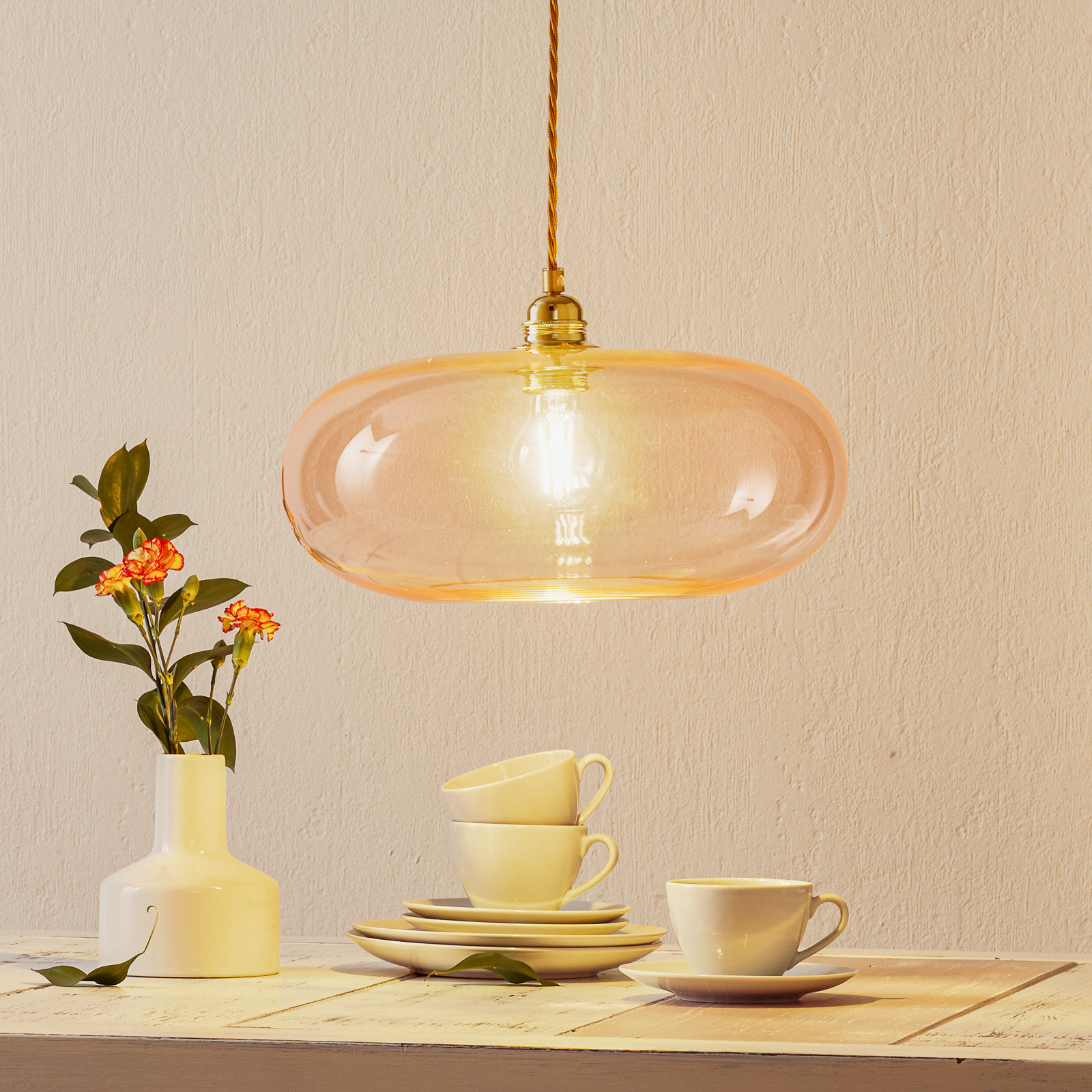 EBB & FLOW Horizon hanging lamp rose/gold Ø 36 cm, for Living / Dining Room, glass, metal, fabric, E27, 25 W, energy efficiency: A++, H: 20 cm