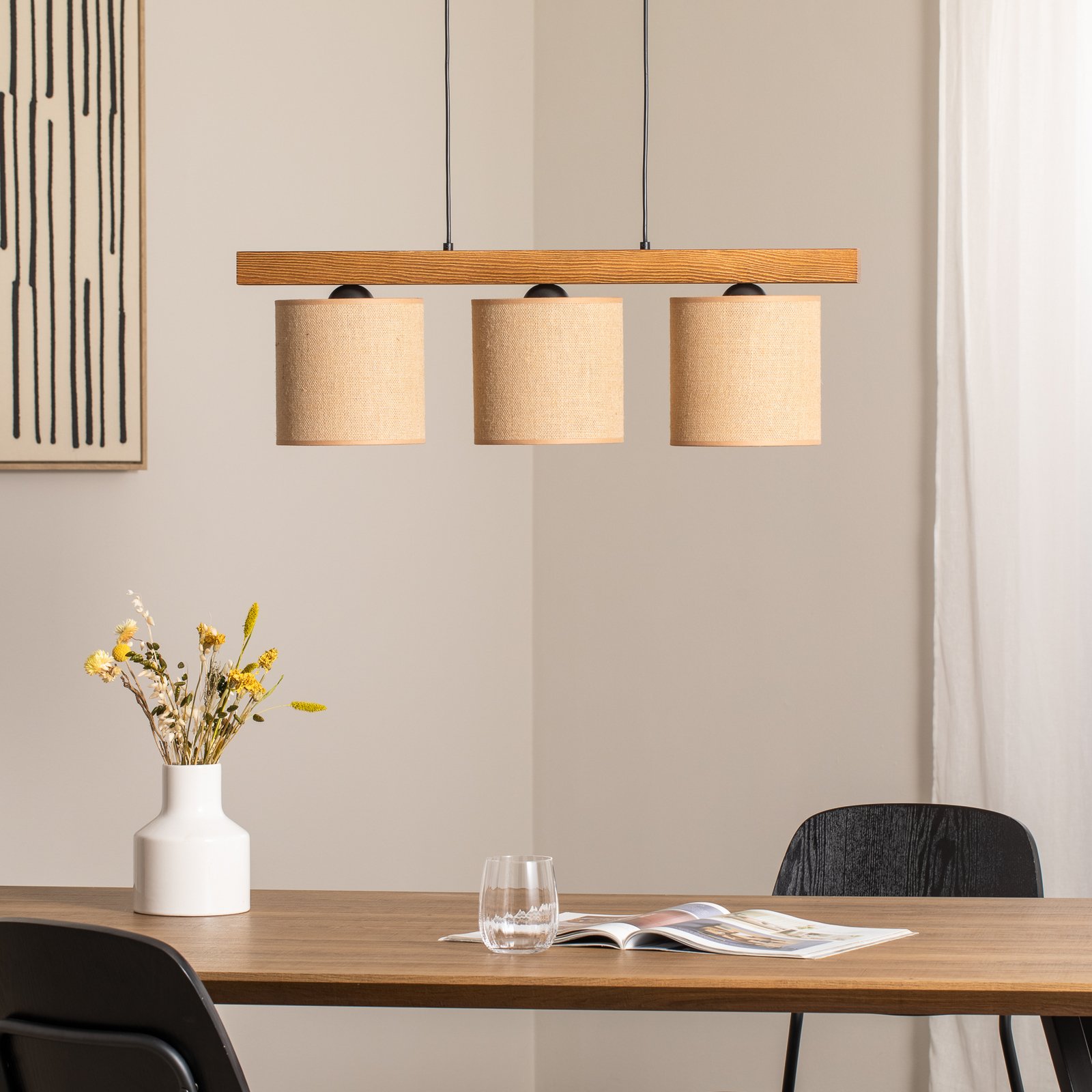 Pendellampe Forest, træ lys/sort, jute natur, 3 lyskilder.
