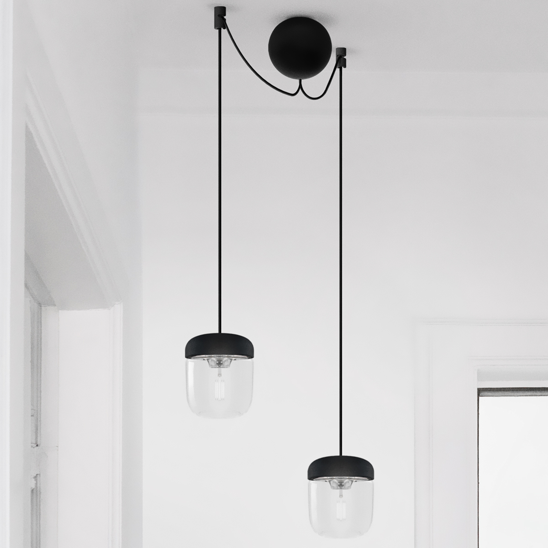 UMAGE Acorn hanging lamp two-bulb, black/steel, for Living / Dining Room, glass, silicone, aluminium, plastic, E27, 15 W, energy efficiency: A++