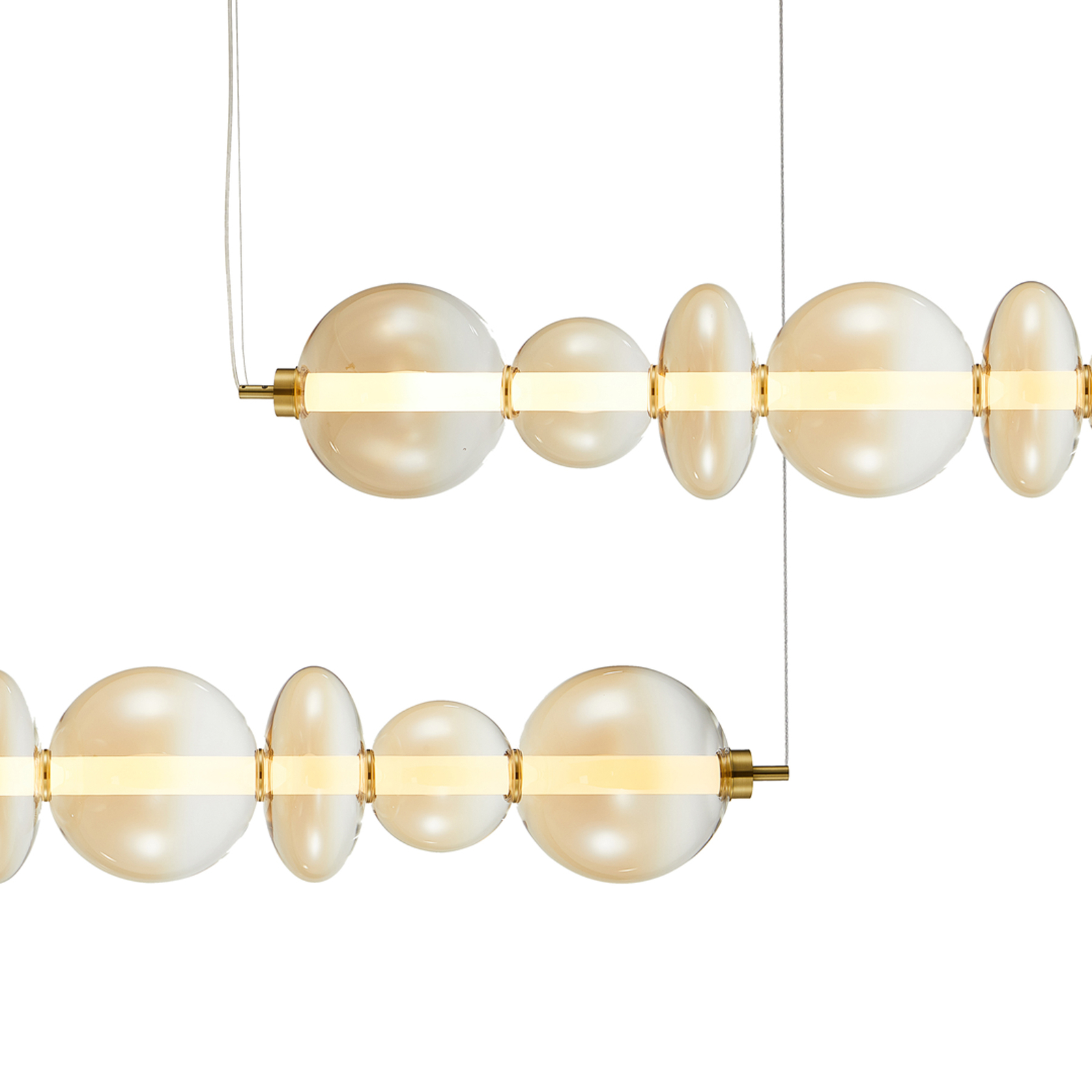 LED hanging light Daphne, amber-transparent glass, length 118 cm