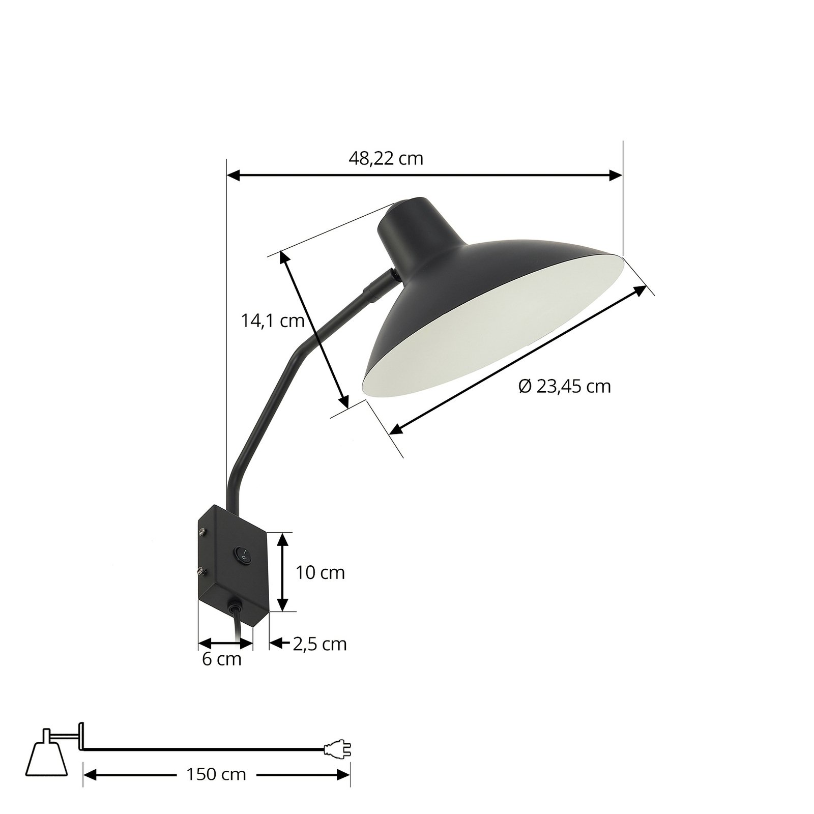 Lindby wandlamp Adrik, zwart, metaal, met stekker