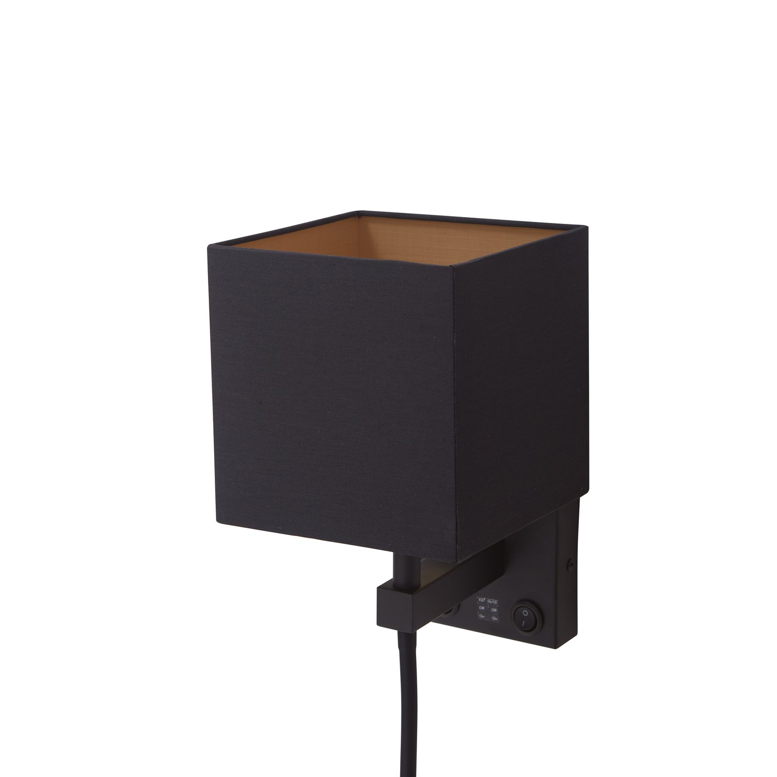 Lindby Wandlampe Thorid, schwarz/gold, Stoff, USB, Leselampe