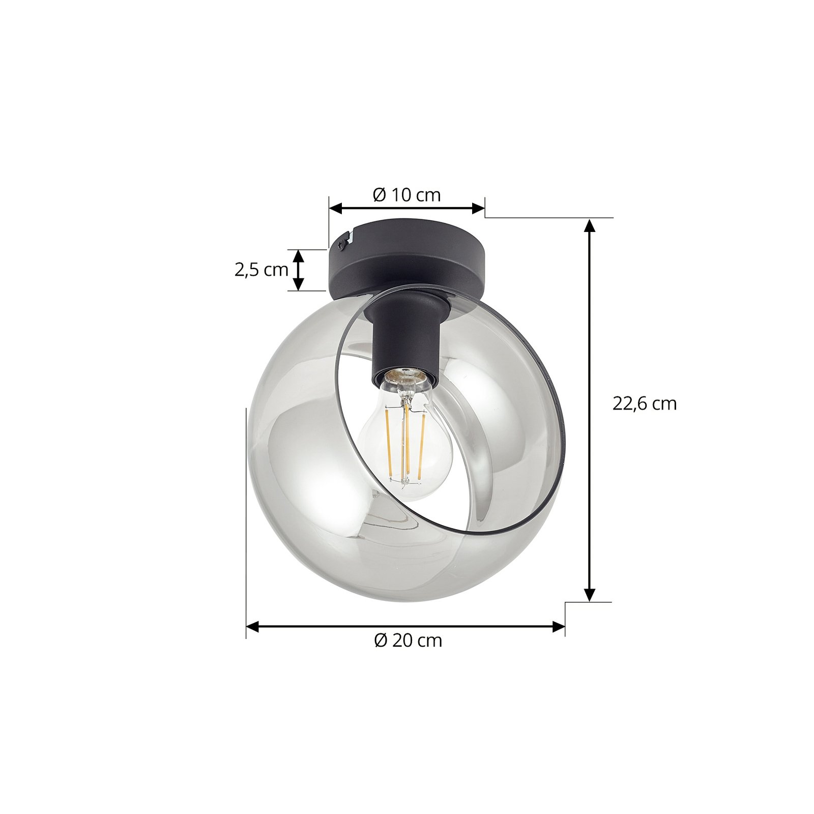 Lindby Roton taklampa, grå/svart, glas, Ø 20 cm