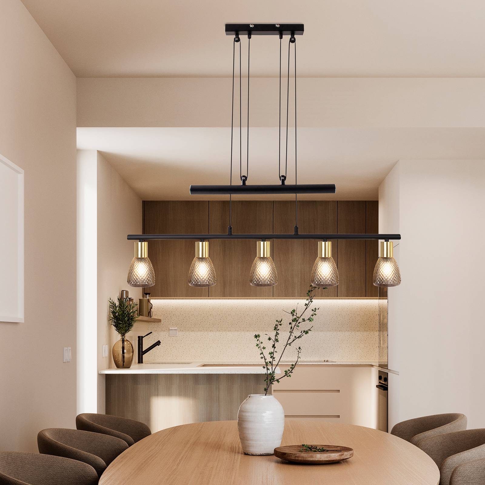 Hängelampe Lindita, 5-fl., Glas, rauchgrau, E14, verstellbar günstig online kaufen