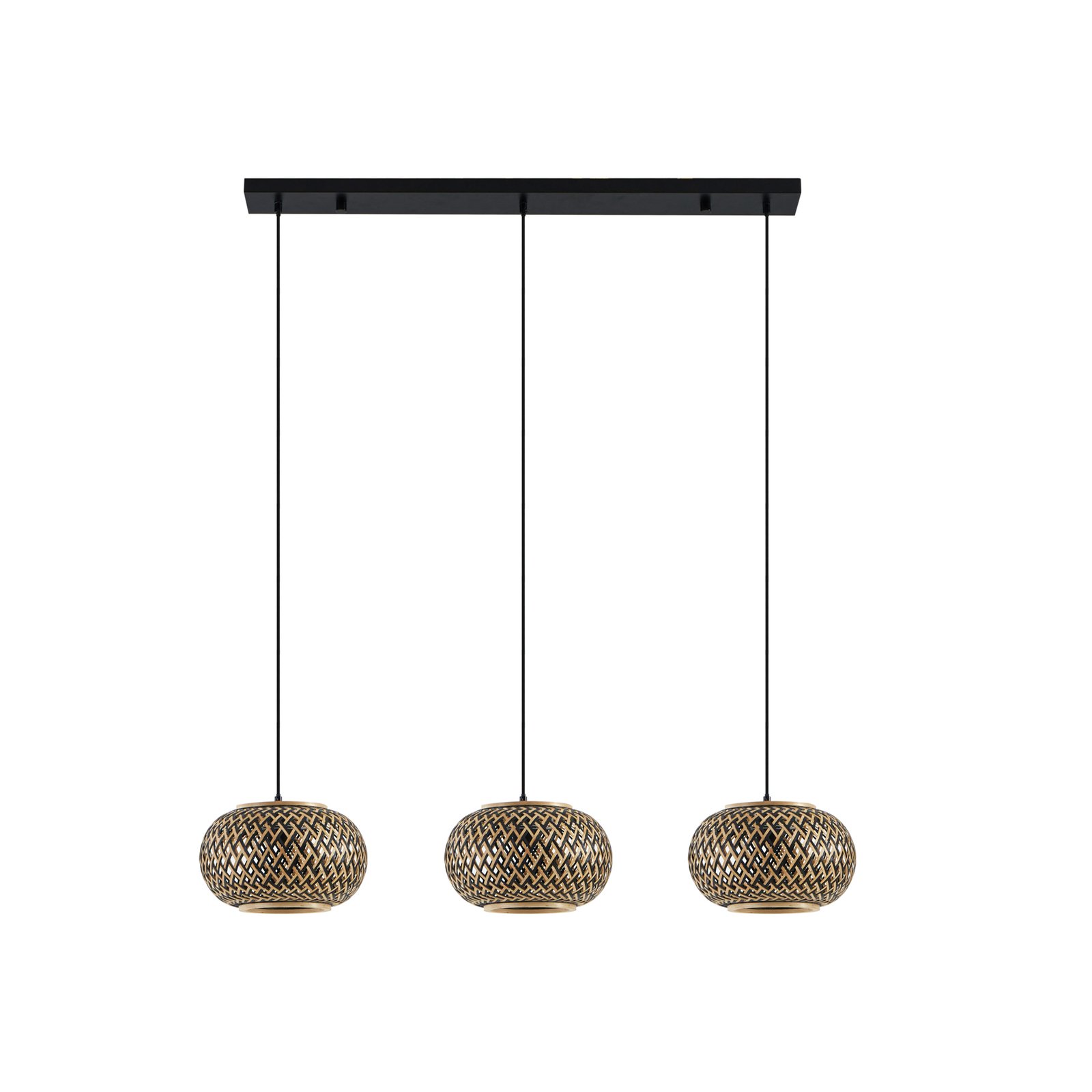 Závesné svietidlo Lindby Nerys, 3-svetelné, čierne, bambus, 1 120 cm
