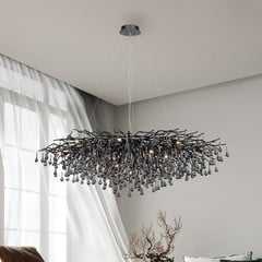 Lámpara de araña Icicle, negra, colgantes de cristal, longitud 150 cm
