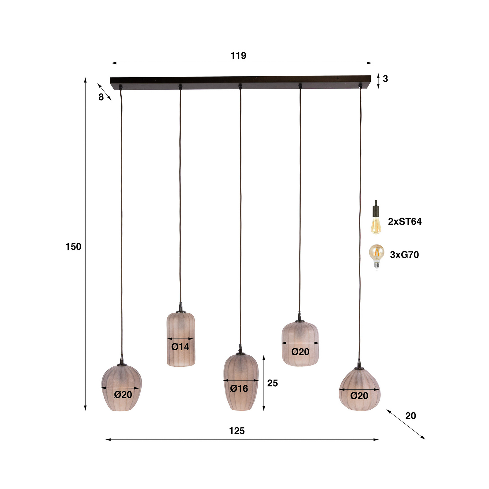 Pendelleuchte Altura, 5-flammig, 125cm, braun, Glas, E27, Pendelleuchte Altura, 5-flammig, 125cm, braun, Glas, E27,