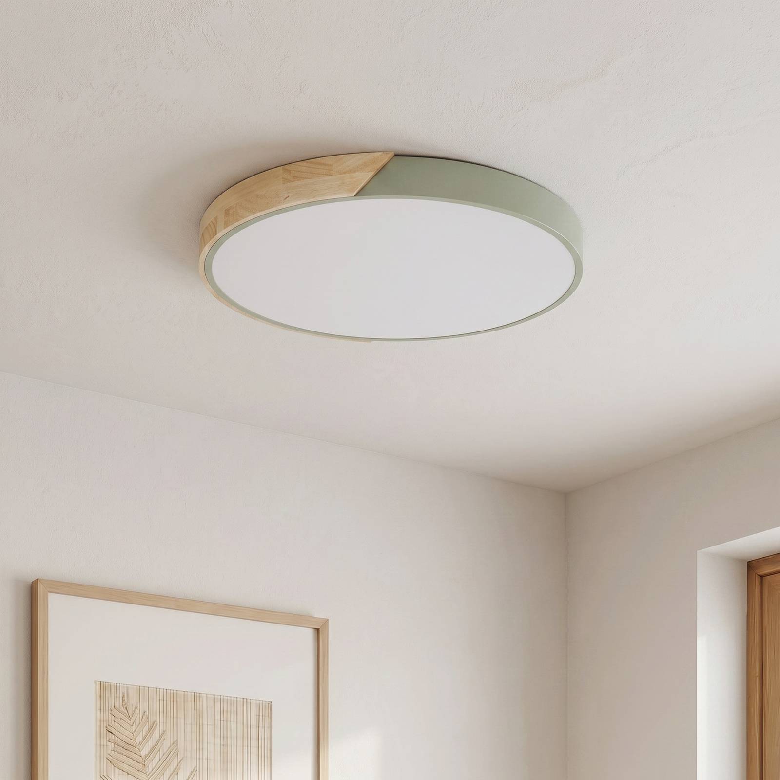 Lampa sufitowa LED PRIOS Lynorri, Ø 52 cm, zielona, wykończenie drewniane