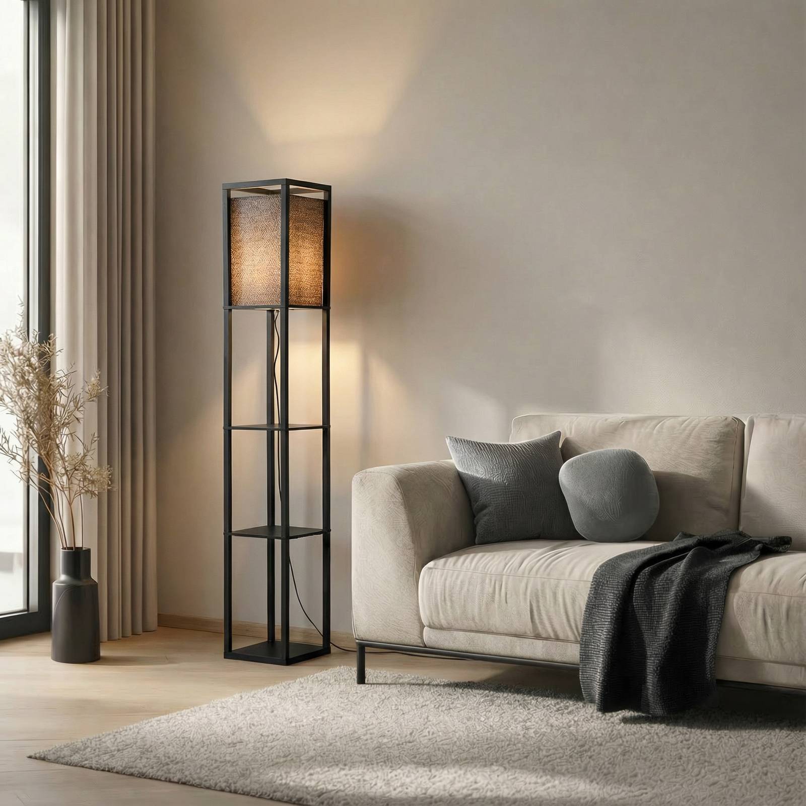 Lindby Stehleuchte Birta, schwarz, Regal, Holz, 159 cm günstig online kaufen