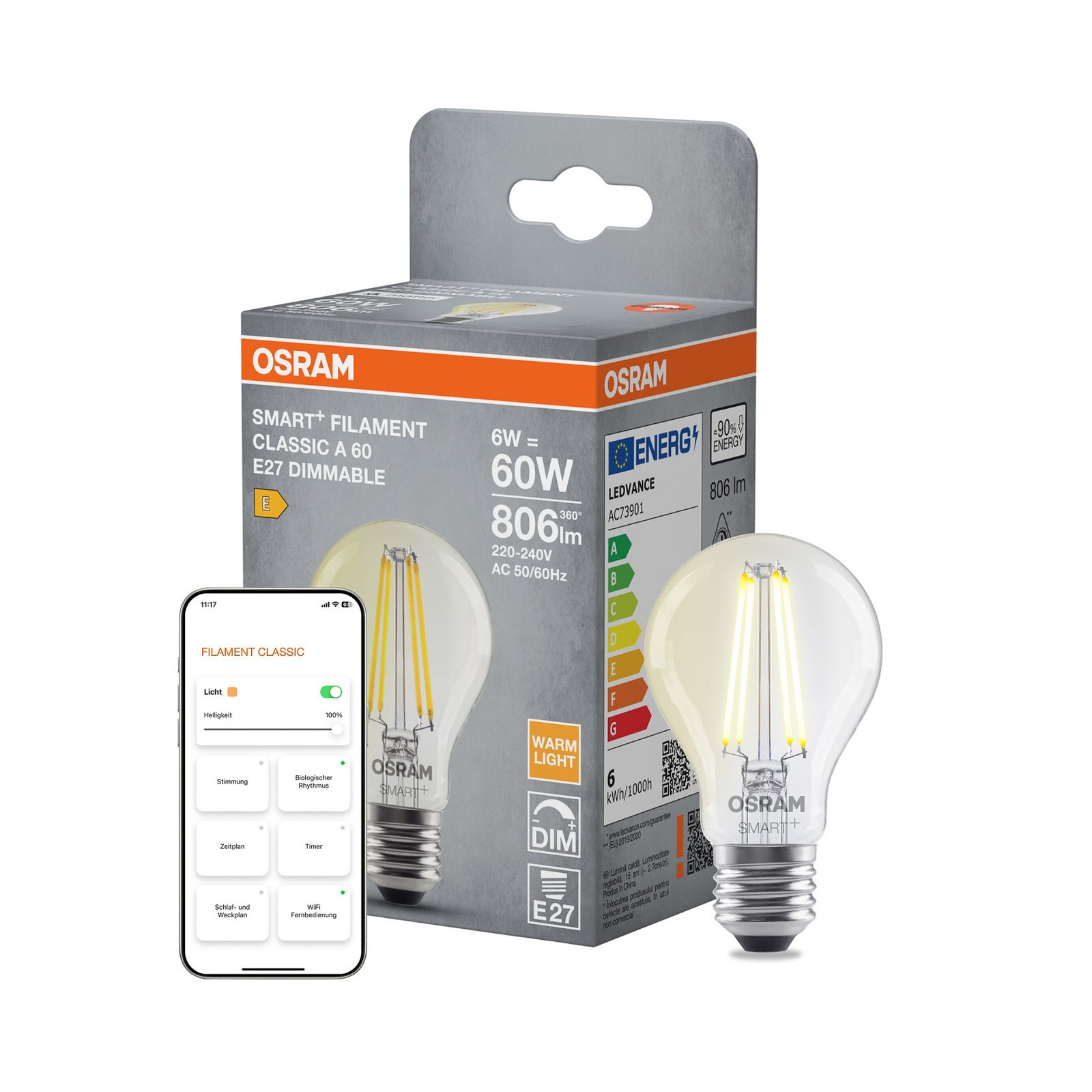 OSRAM SMART+ WiFi LED-pære E27, A60 6 W 827 klar dim