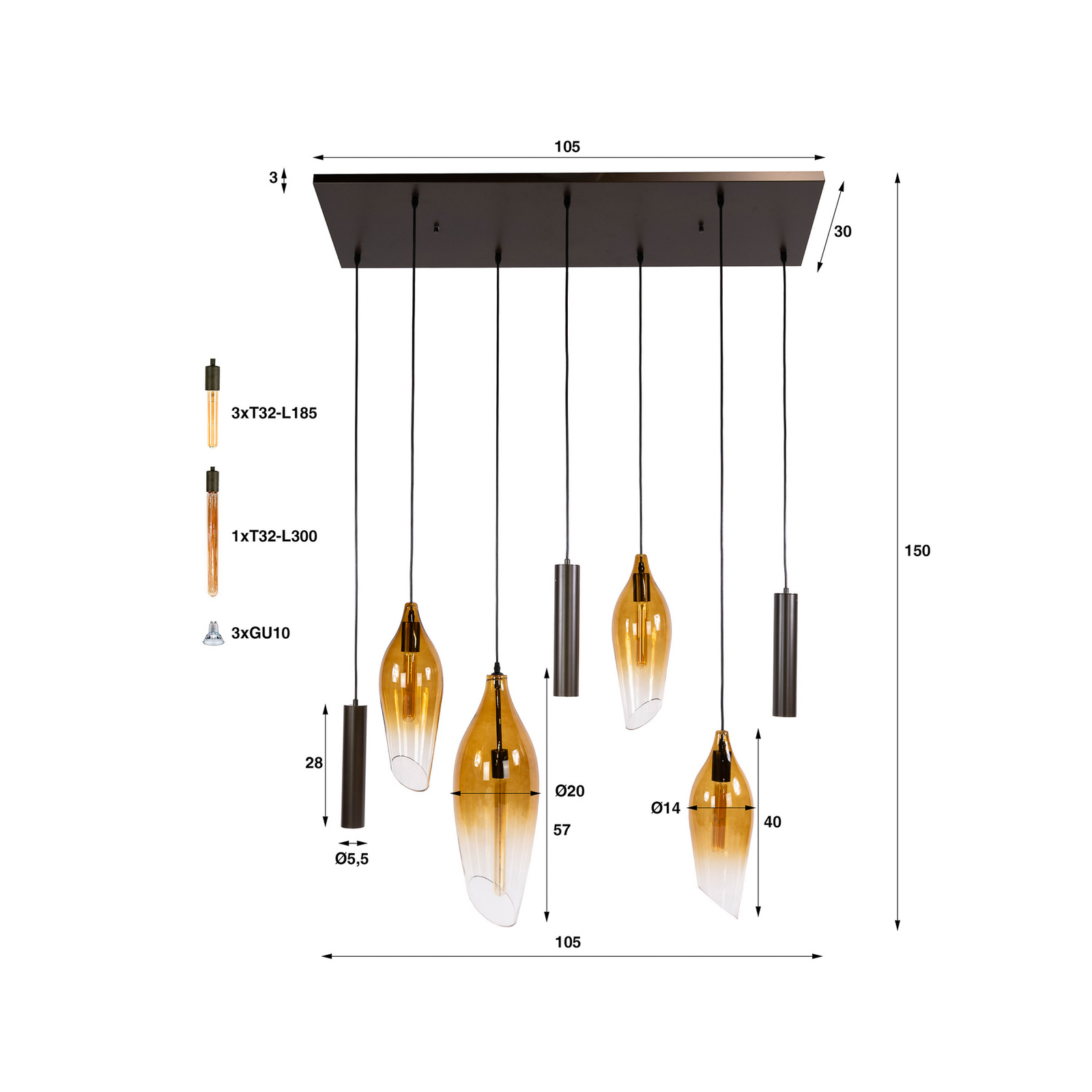 Pendelleuchte Cocoon, amber, Glas, 7-flg., E27, GU10 Pendelleuchte Cocoon, amber, Glas, 7-flg., E27, GU10