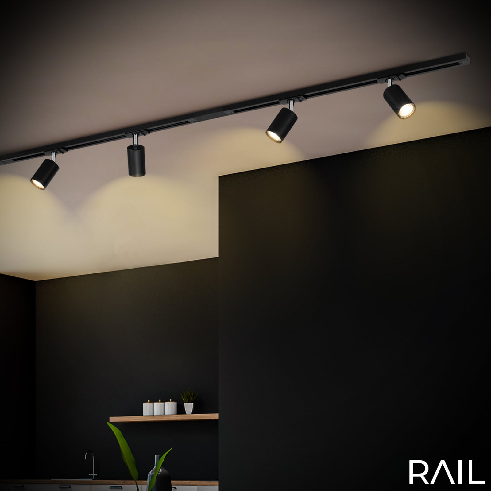 Conjunto inicial de sistema de calhas, preto, comprimento 150 cm, 4 x GU10